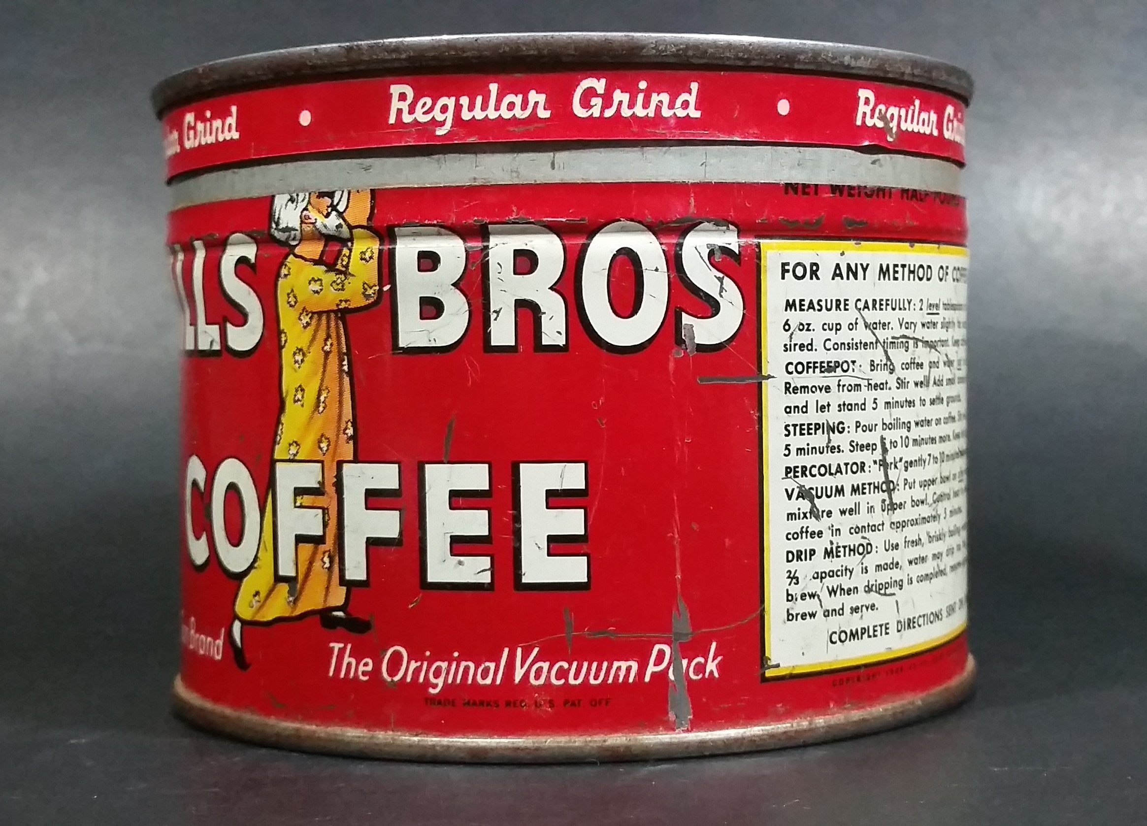 Vintage c. 1952 Hills Bros Coffee 1/2 Lb. Empty Red Round Tin Can with Lid - San Francisco 6