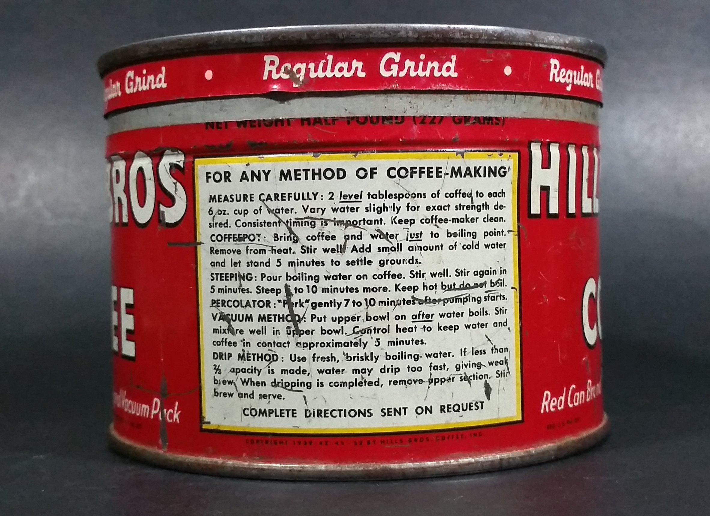 Vintage c. 1952 Hills Bros Coffee 1/2 Lb. Empty Red Round Tin Can with Lid - San Francisco 7