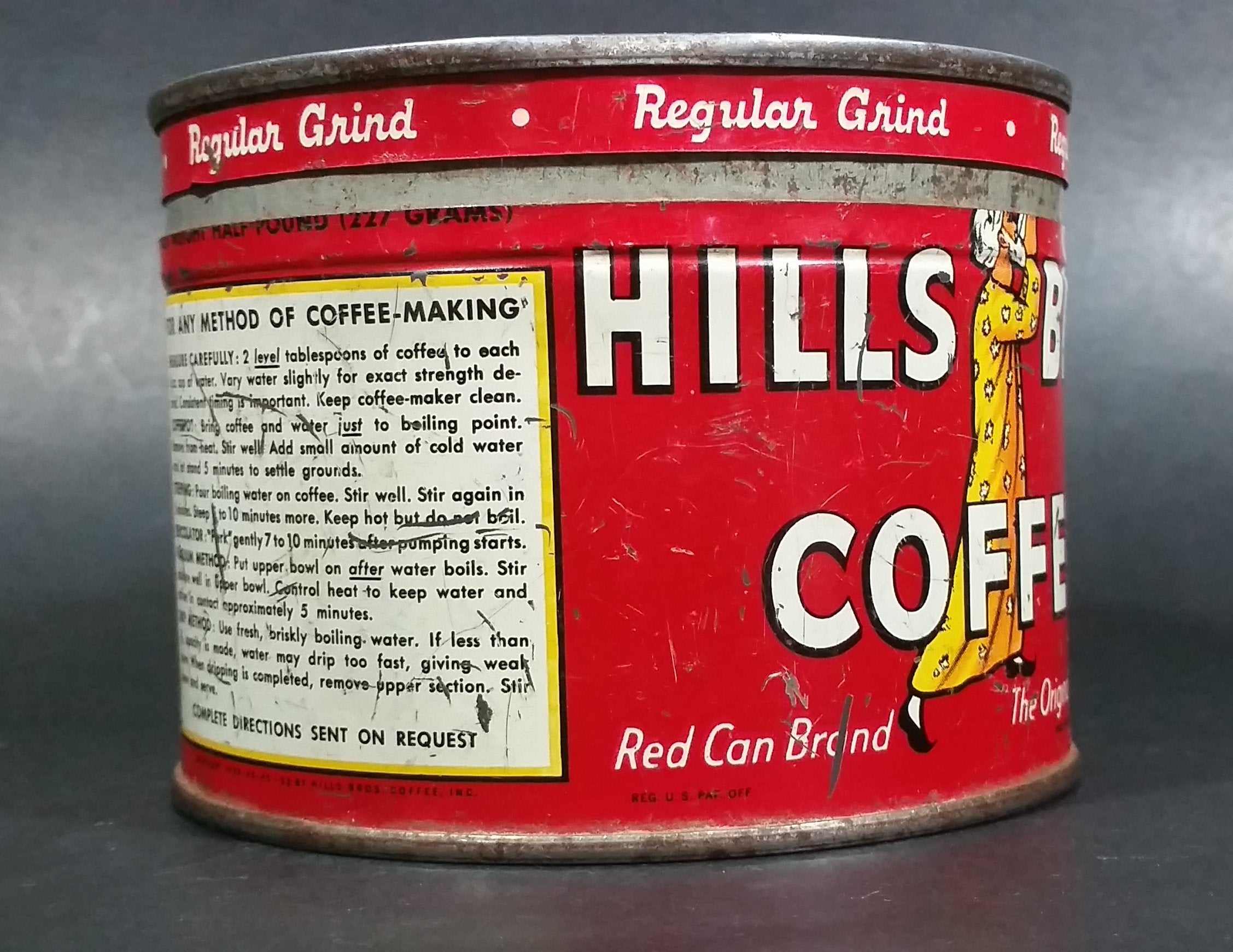 Vintage c. 1952 Hills Bros Coffee 1/2 Lb. Empty Red Round Tin Can with Lid - San Francisco 8