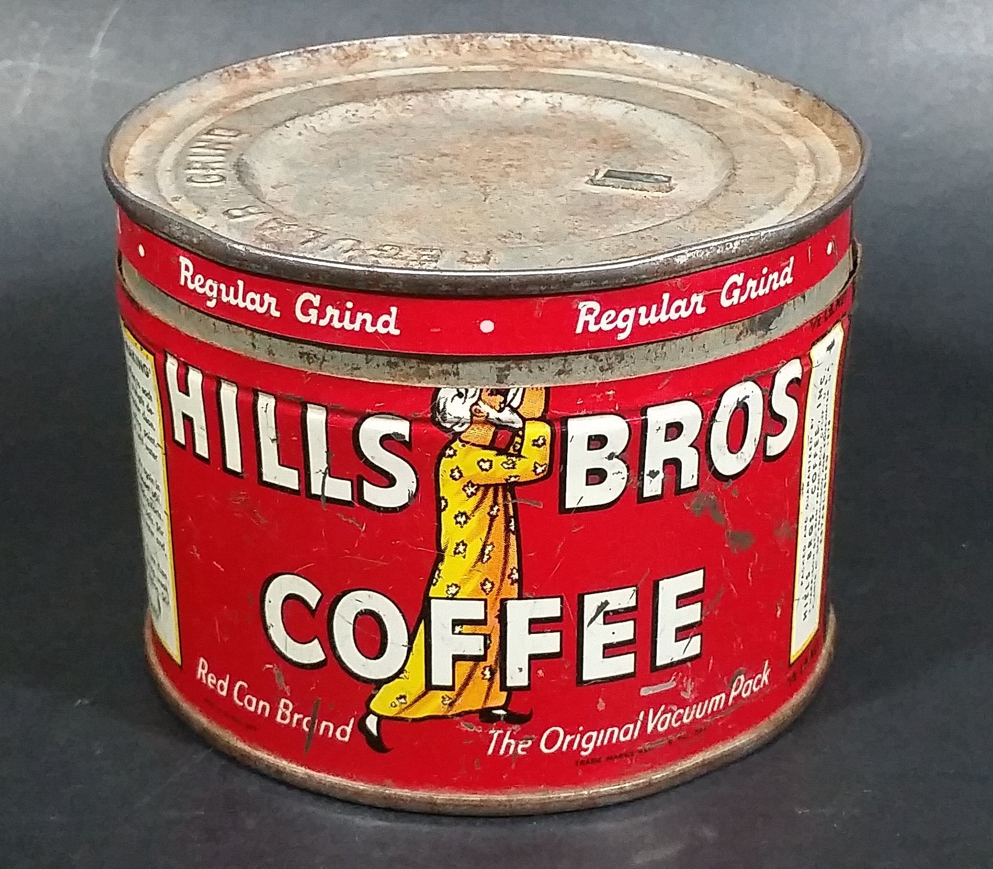 Vintage c. 1952 Hills Bros Coffee 1/2 Lb. Empty Red Round Tin Can with Lid - San Francisco 9