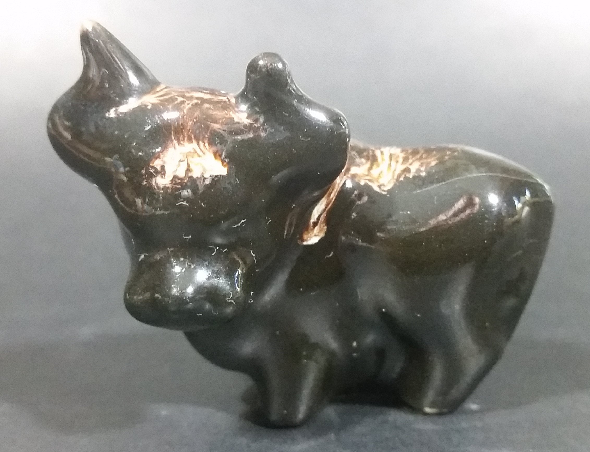 Small Ceramic Bull Cow Ox Black with Brown white Swirl Ceramic Figurine Numbered 42