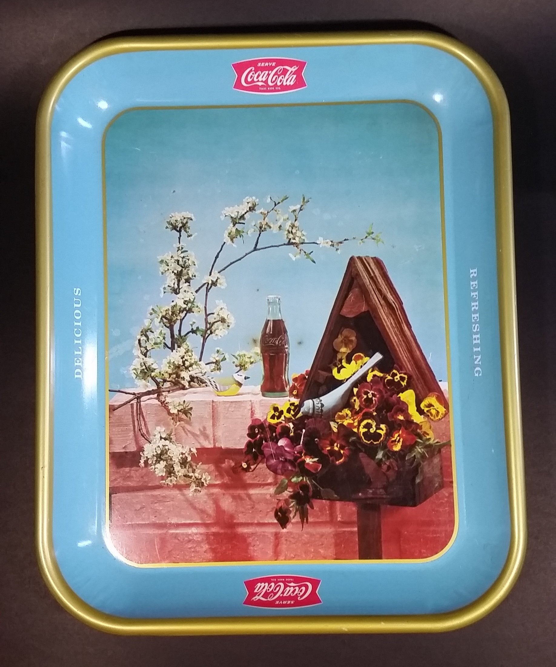 Rare 1957 Coca-Cola Coke Blue and Yellow Bird House Drink Serving Tray - Refreshing Delicious
