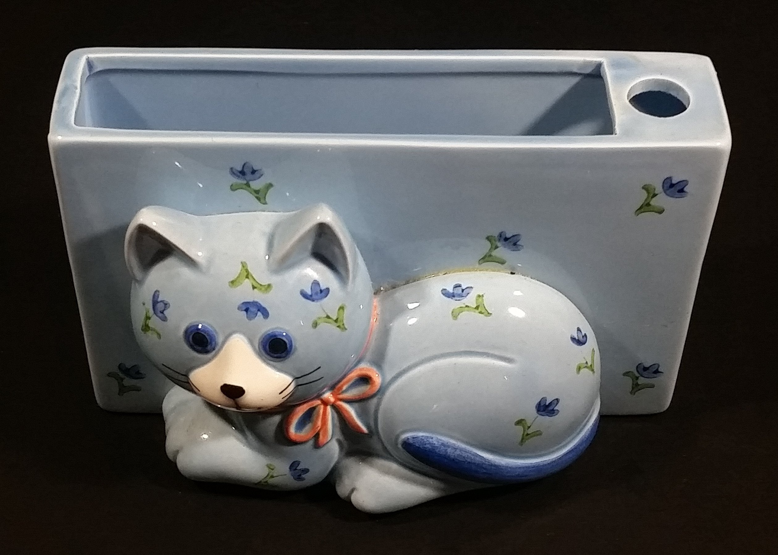Vintage Otagiri Japan Light Blue Cat Kitten Porcelain Pen Pencil Paper Notepad Memo Holder