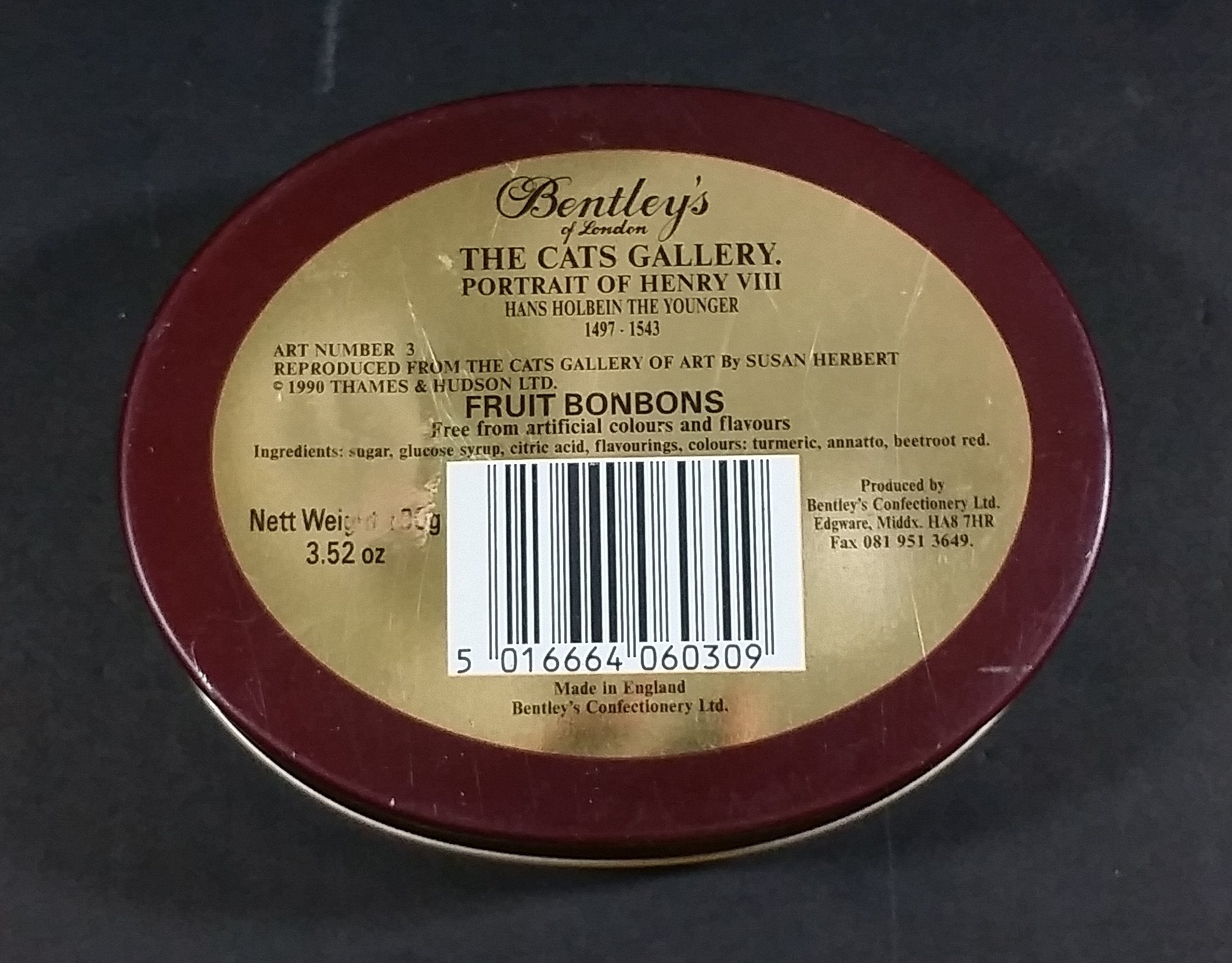 1990 Bentley's of London The Cat's Gallery Henry VIII Fruit Bon Bons Confectionery Tin Opened Still Full 8