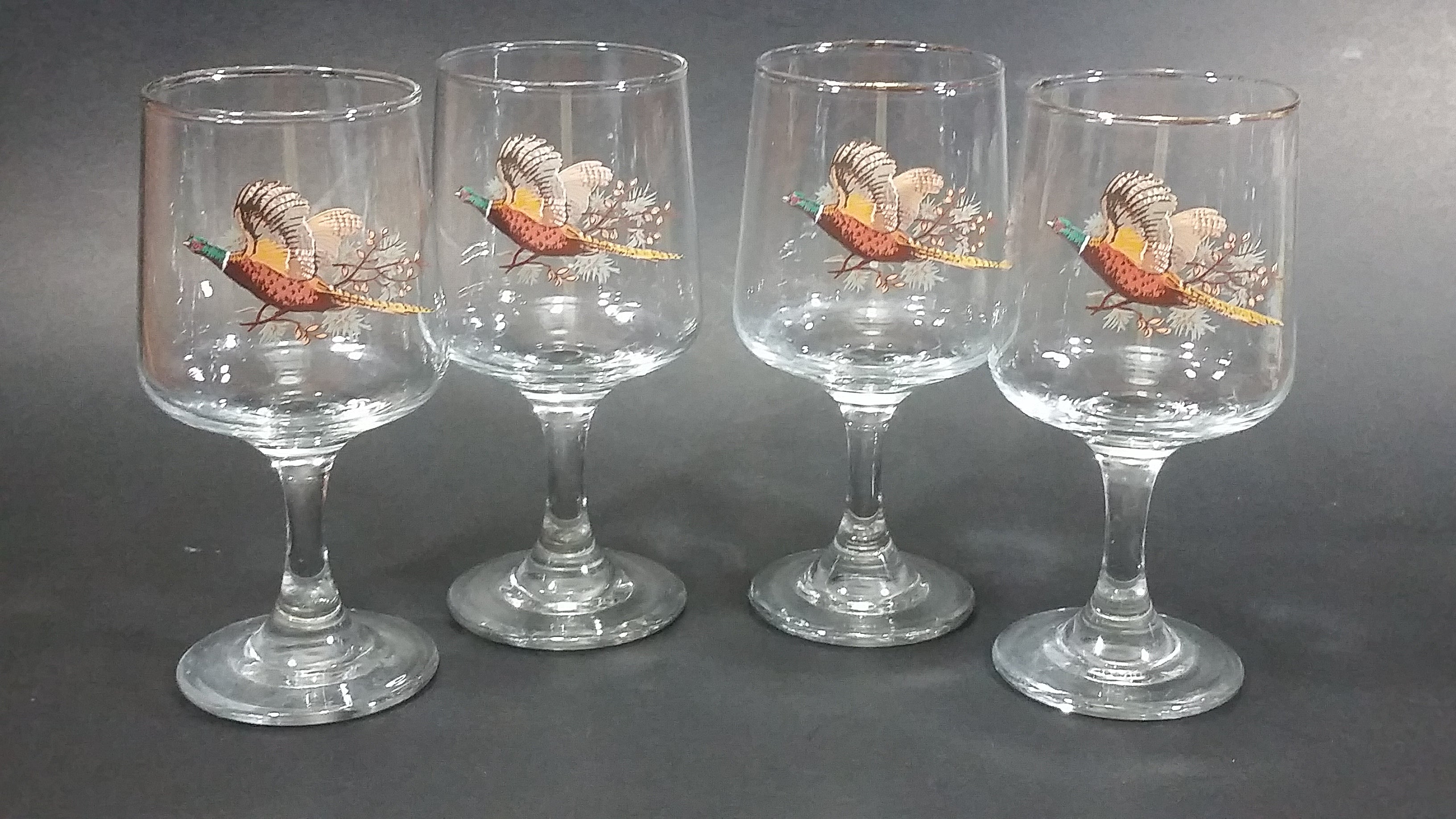 Set of 4 Vintage Libbey Pheasant Hunting Game Bird Rimmed 5" Wine Glasses