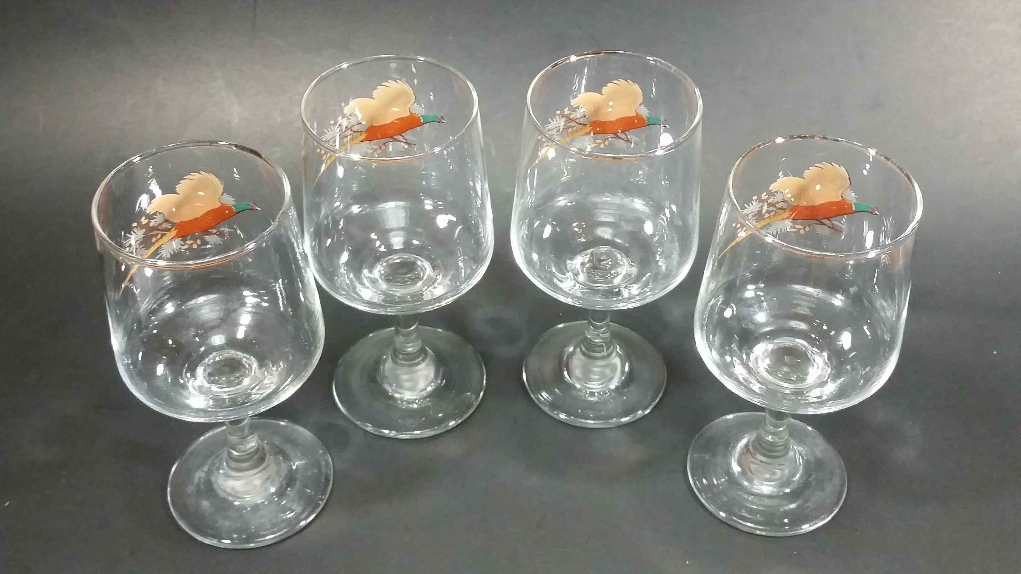 Set of 4 Vintage Libbey Pheasant Hunting Game Bird Rimmed 5" Wine Glasses 5