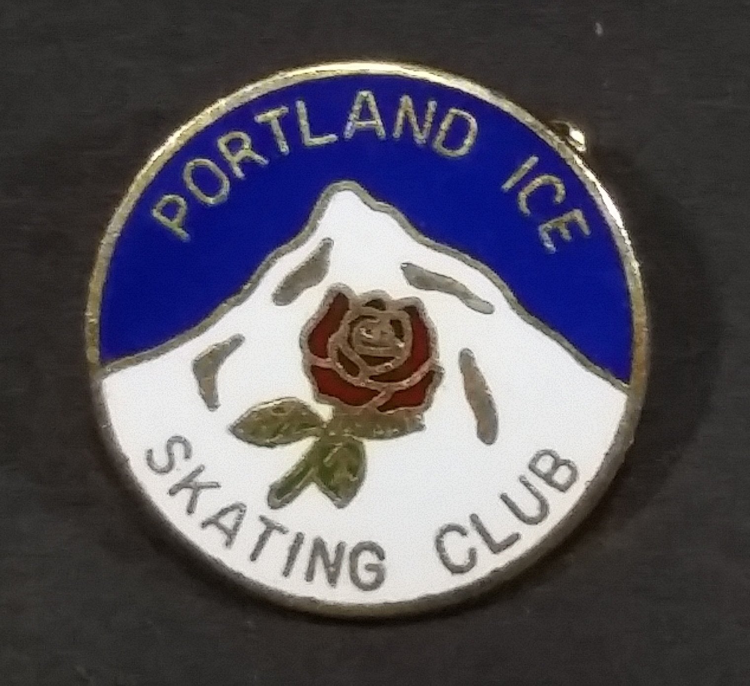 Portland Ice Skating Club Mountain and Rose Themed Round Enamel Pin