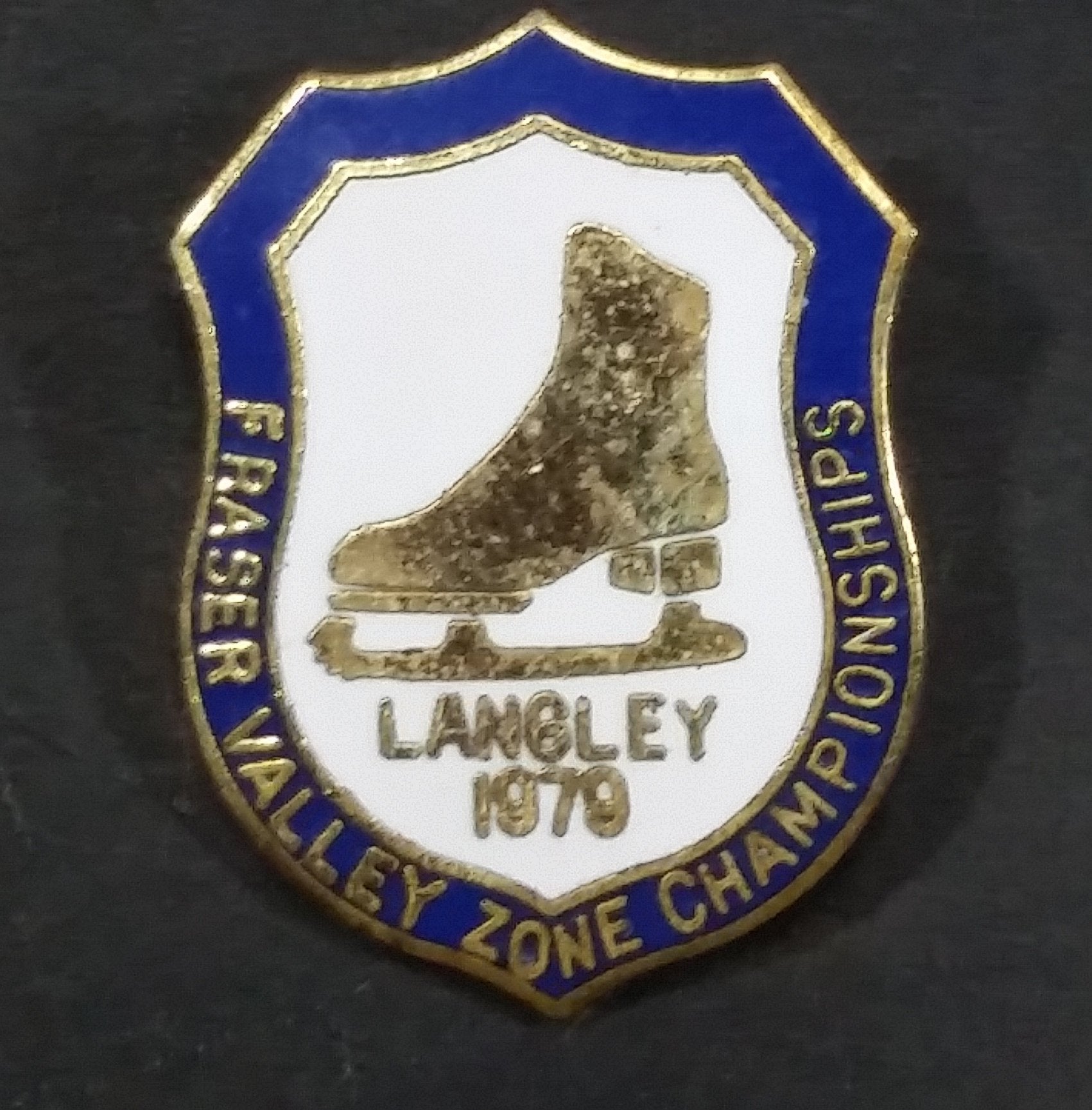 Vintage 1979 Langley, B.C. Fraser Valley Zone Championships Ice Figure Skating Enamel Crest Shaped Pin