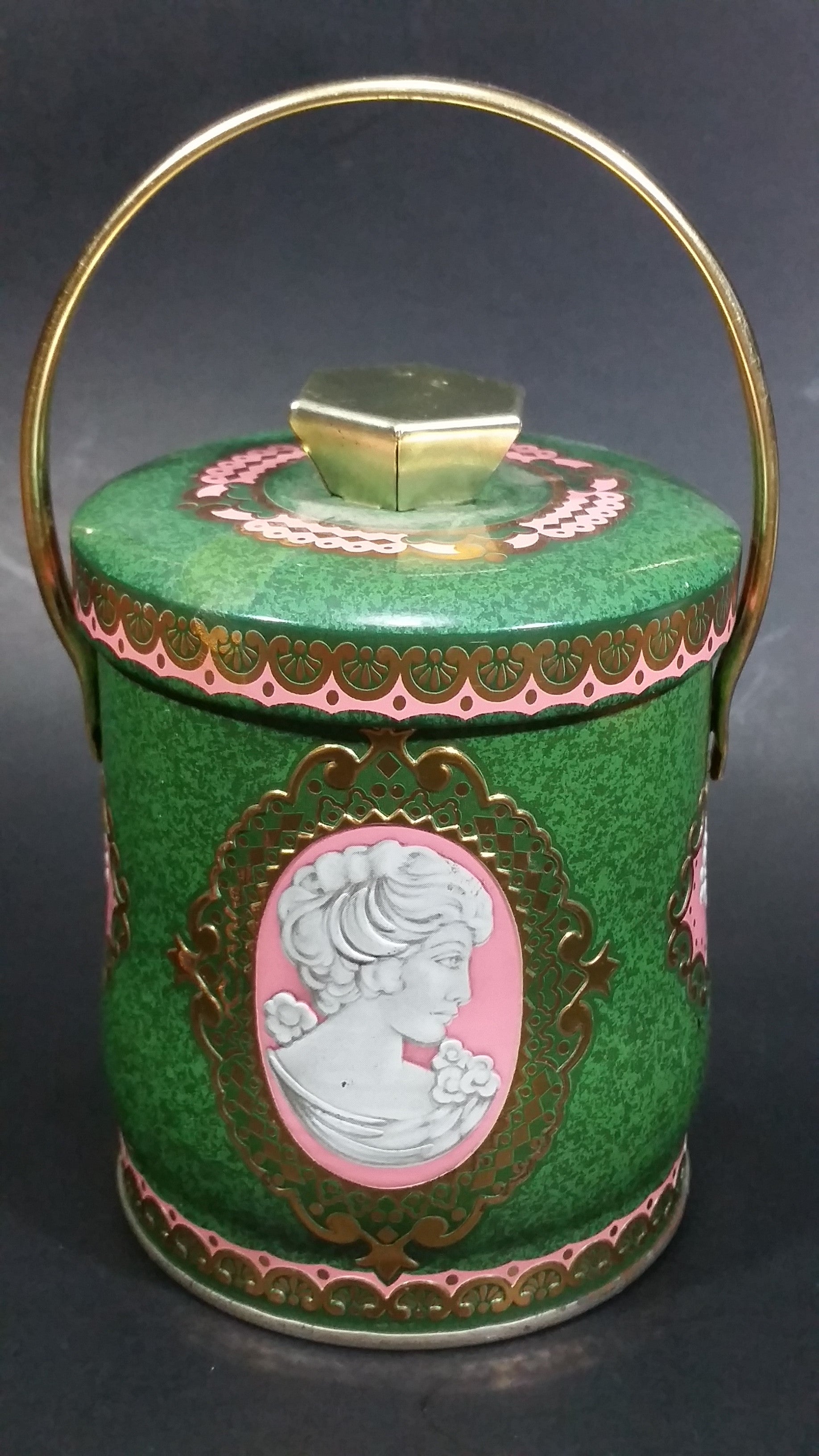 Vintage Murray Allen Imported Quality Confections Enchantress Green Pink Cameo Style Tin Container with Handle
