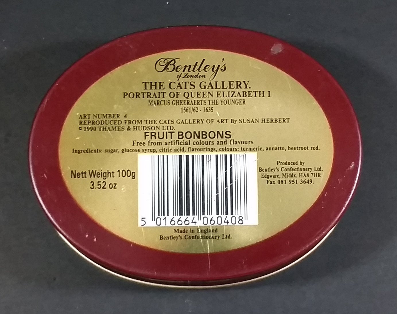 1990 Bentley's of London The Cat's Gallery Queen Elizabeth I Fruit Bon Bons Confectionery Tin Opened Still Full 8