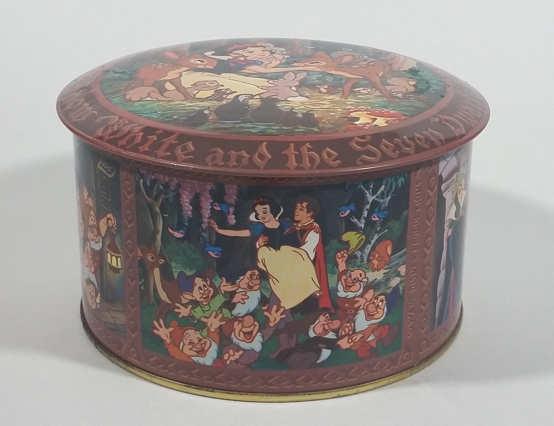 Vintage Walt Disney Productions Snow White and The Seven Dwarfs Candy Jar Mix Round Collectible Tin Container 16