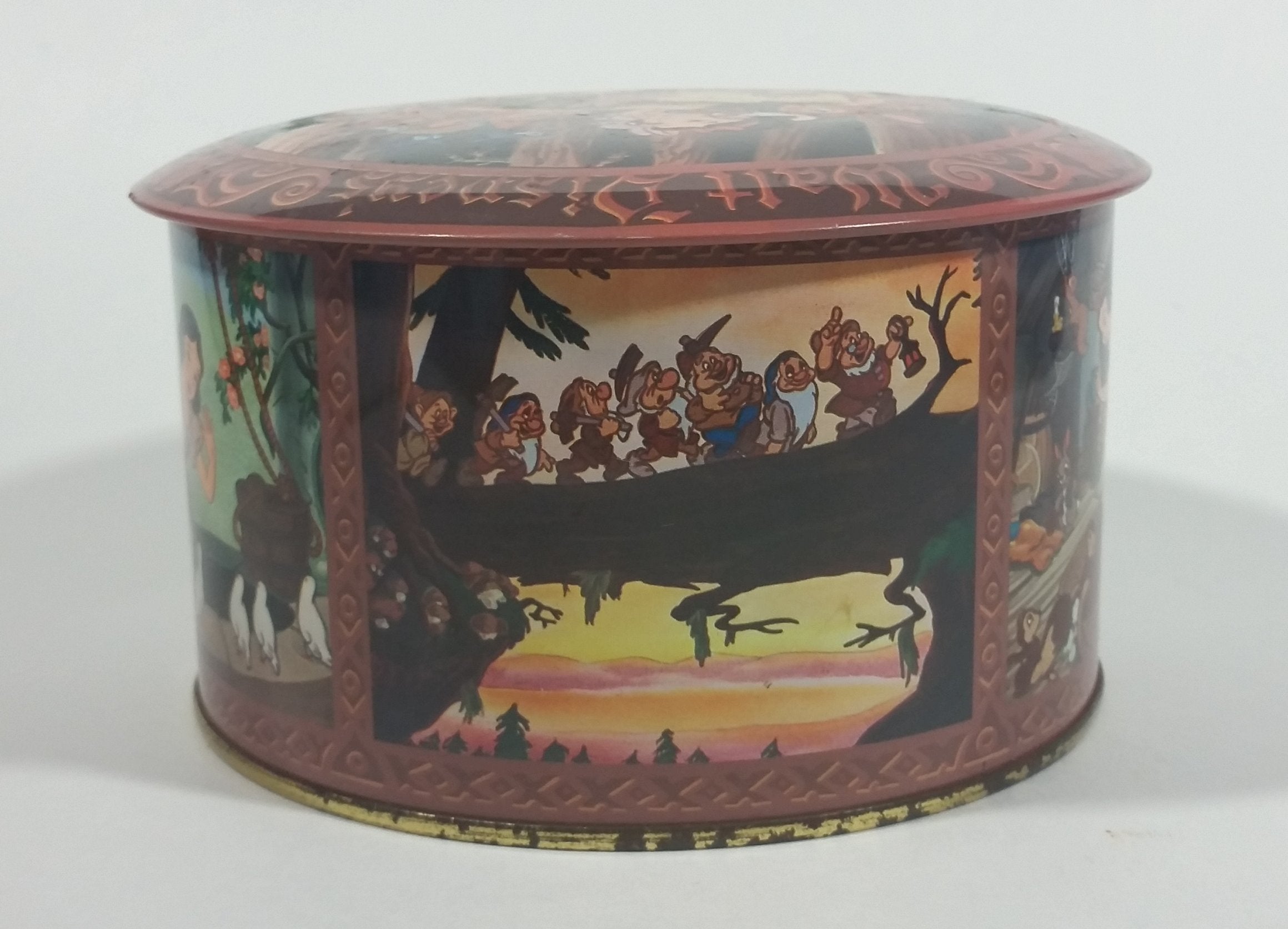 Vintage Walt Disney Productions Snow White and The Seven Dwarfs Candy Jar Mix Round Collectible Tin Container 7