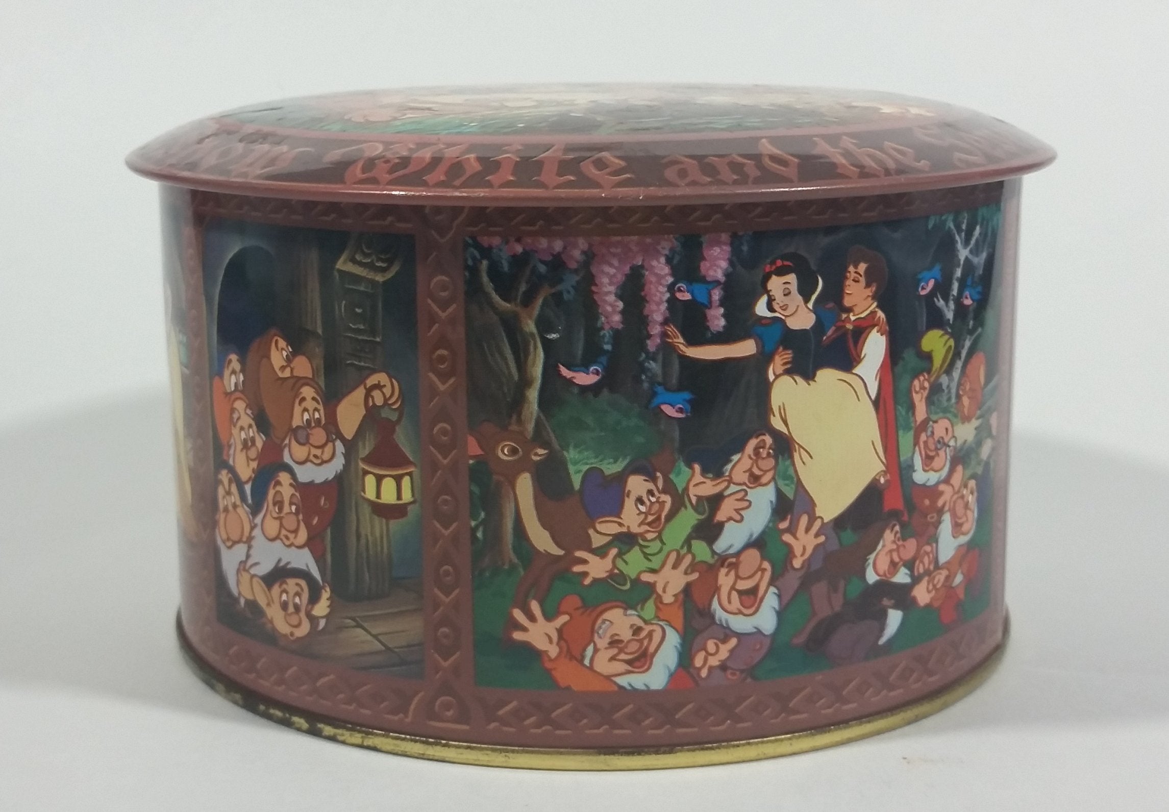 Vintage Walt Disney Productions Snow White and The Seven Dwarfs Candy Jar Mix Round Collectible Tin Container 12