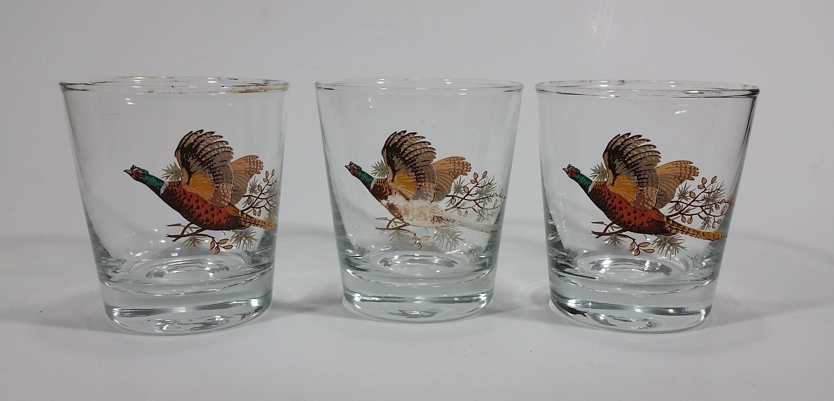 Set of 3 Vintage Libbey Pheasant Hunting Game Bird Gold Rimmed 5" Rocks Glasses