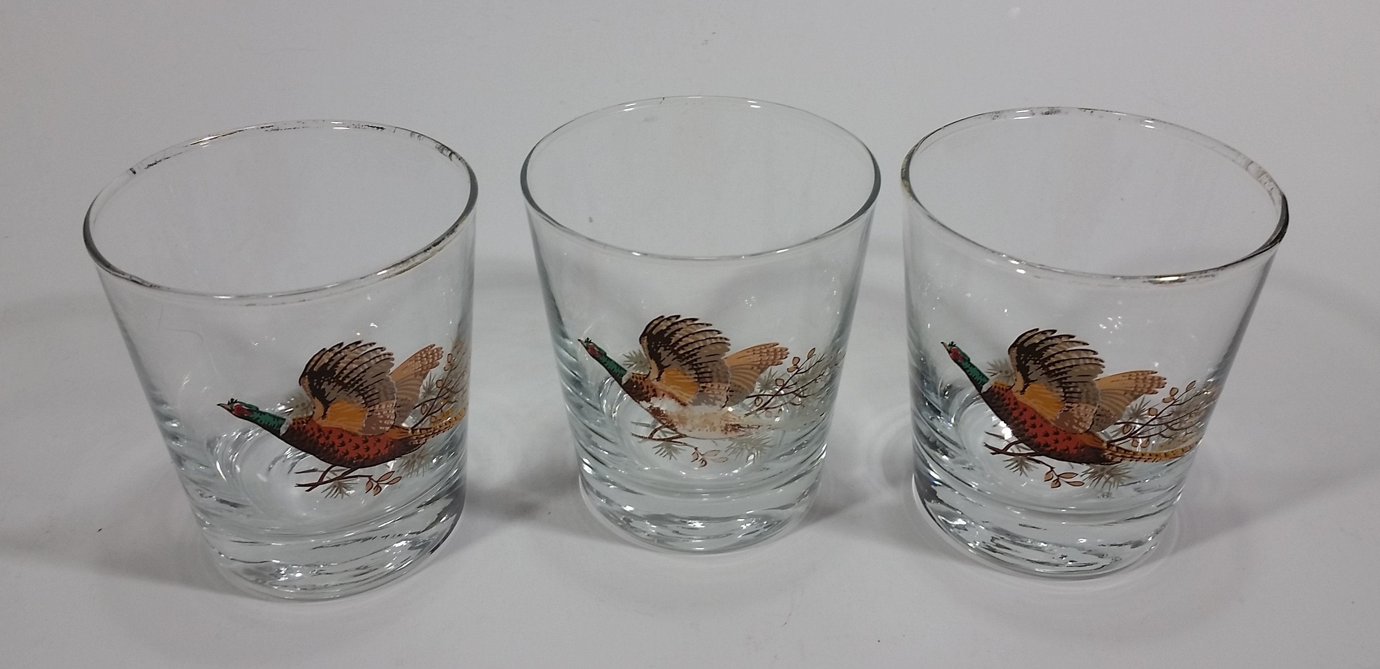 Set of 3 Vintage Libbey Pheasant Hunting Game Bird Gold Rimmed 5" Rocks Glasses 2