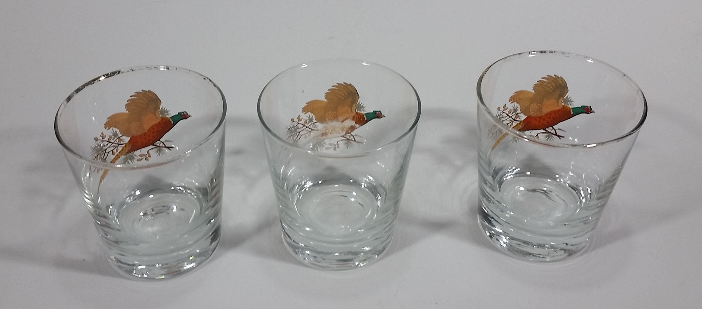 Set of 3 Vintage Libbey Pheasant Hunting Game Bird Gold Rimmed 5" Rocks Glasses 4