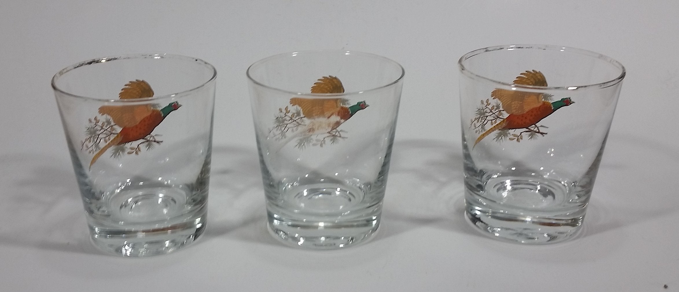 Set of 3 Vintage Libbey Pheasant Hunting Game Bird Gold Rimmed 5" Rocks Glasses 5