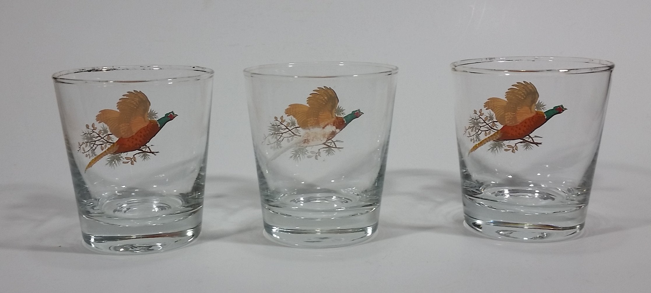 Set of 3 Vintage Libbey Pheasant Hunting Game Bird Gold Rimmed 5" Rocks Glasses 6