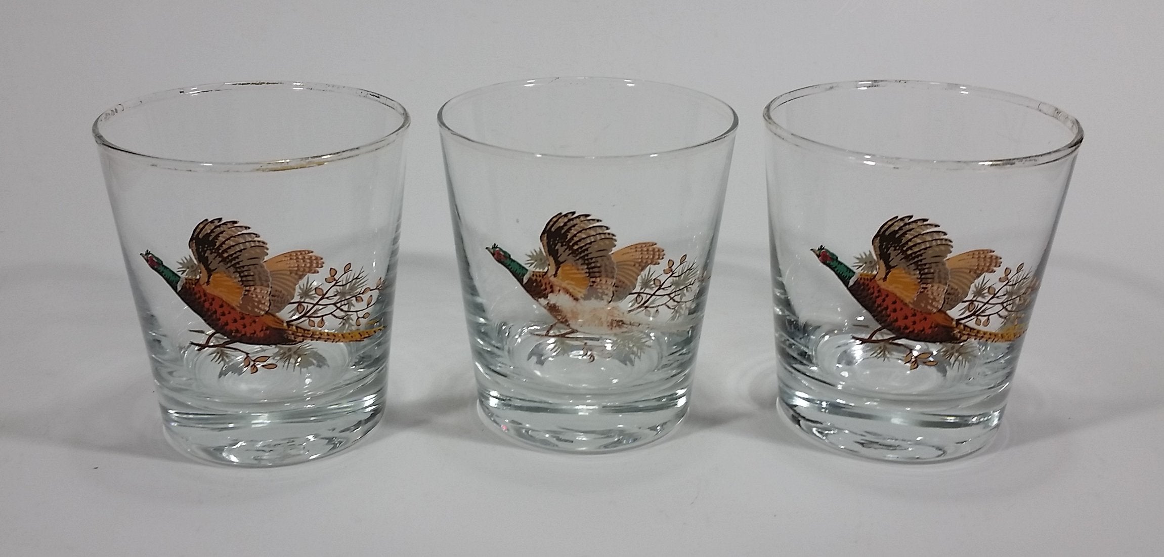 Set of 3 Vintage Libbey Pheasant Hunting Game Bird Gold Rimmed 5" Rocks Glasses 7
