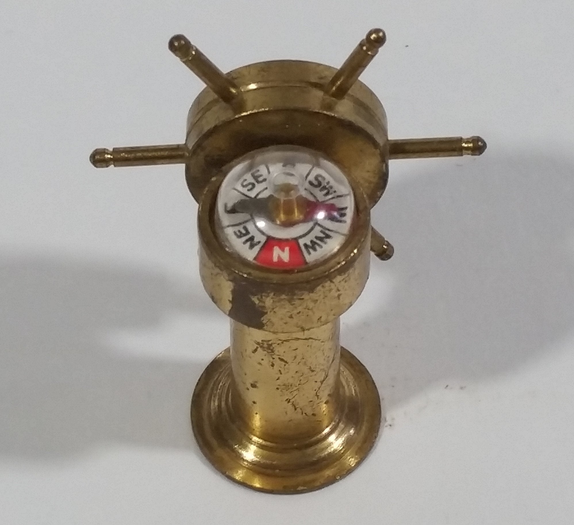 Vintage Miniature Tiny Little Brass Working Compass Captain's Ship Wheel Boating Nautical Sailing Collectible