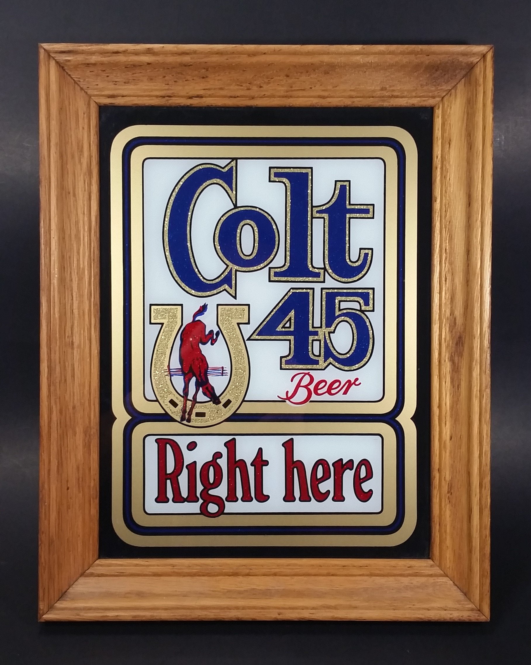Vintage Stamford Art Colt 45 Beer Right Here Horse and Horseshoe Wooden Framed Advertising Mirror Sign Collectible
