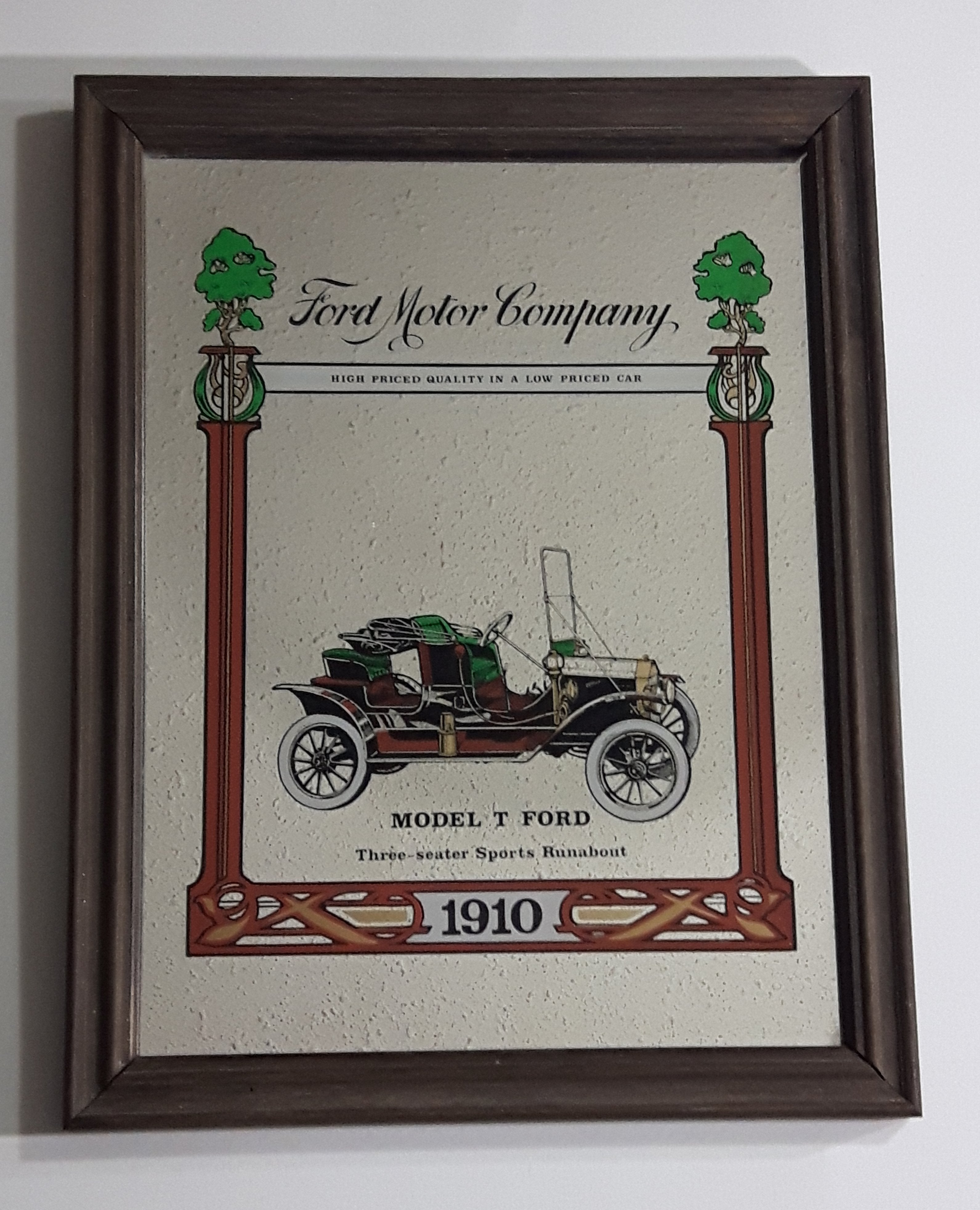 Antique Ford Motor Company 1910 Model T Ford Three-seater Sports Runabout Wooden Framed Advertising Mirror 10 1/2" x 13"