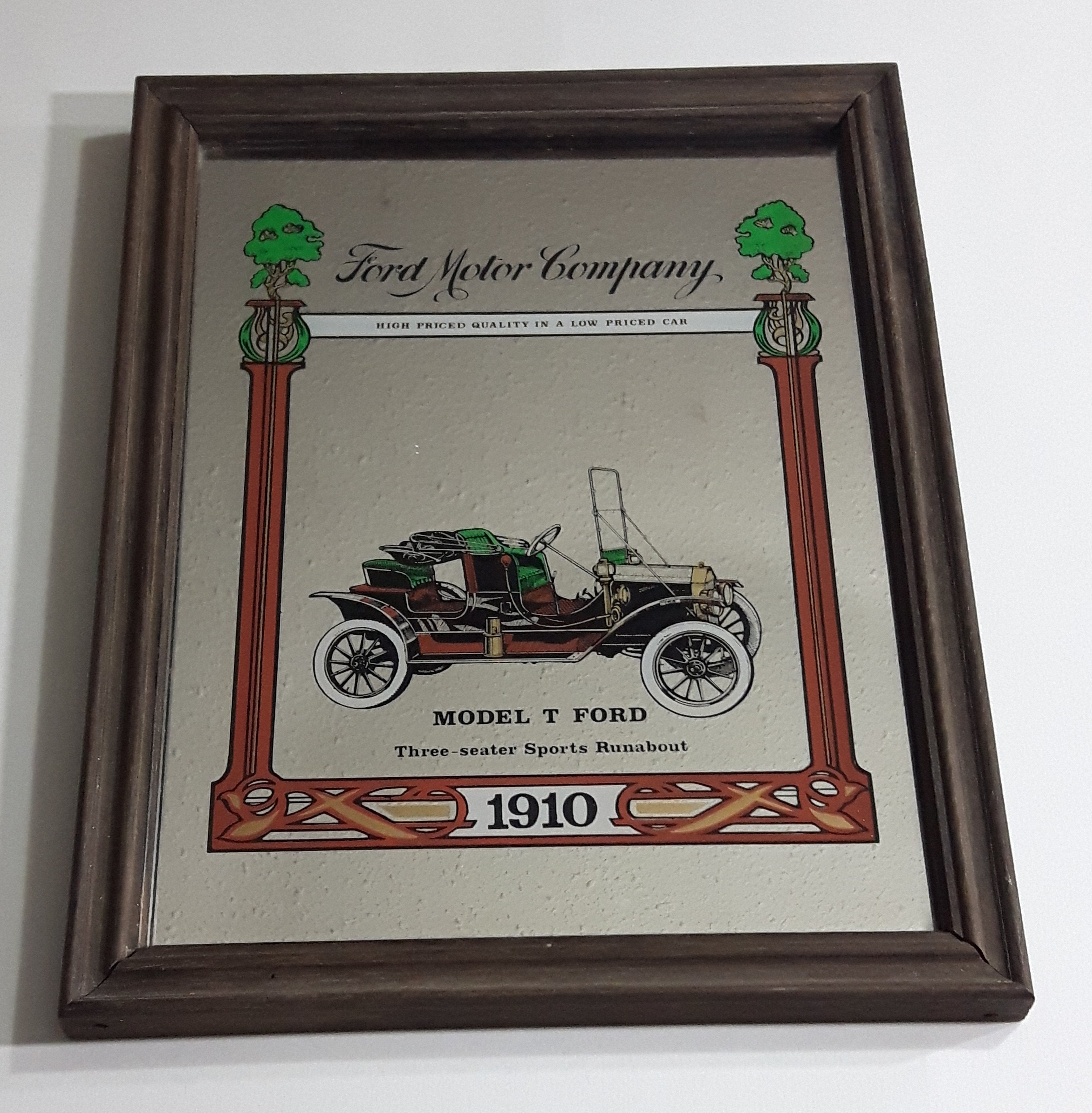 Antique Ford Motor Company 1910 Model T Ford Three-seater Sports Runabout Wooden Framed Advertising Mirror 10 1/2" x 13" 2