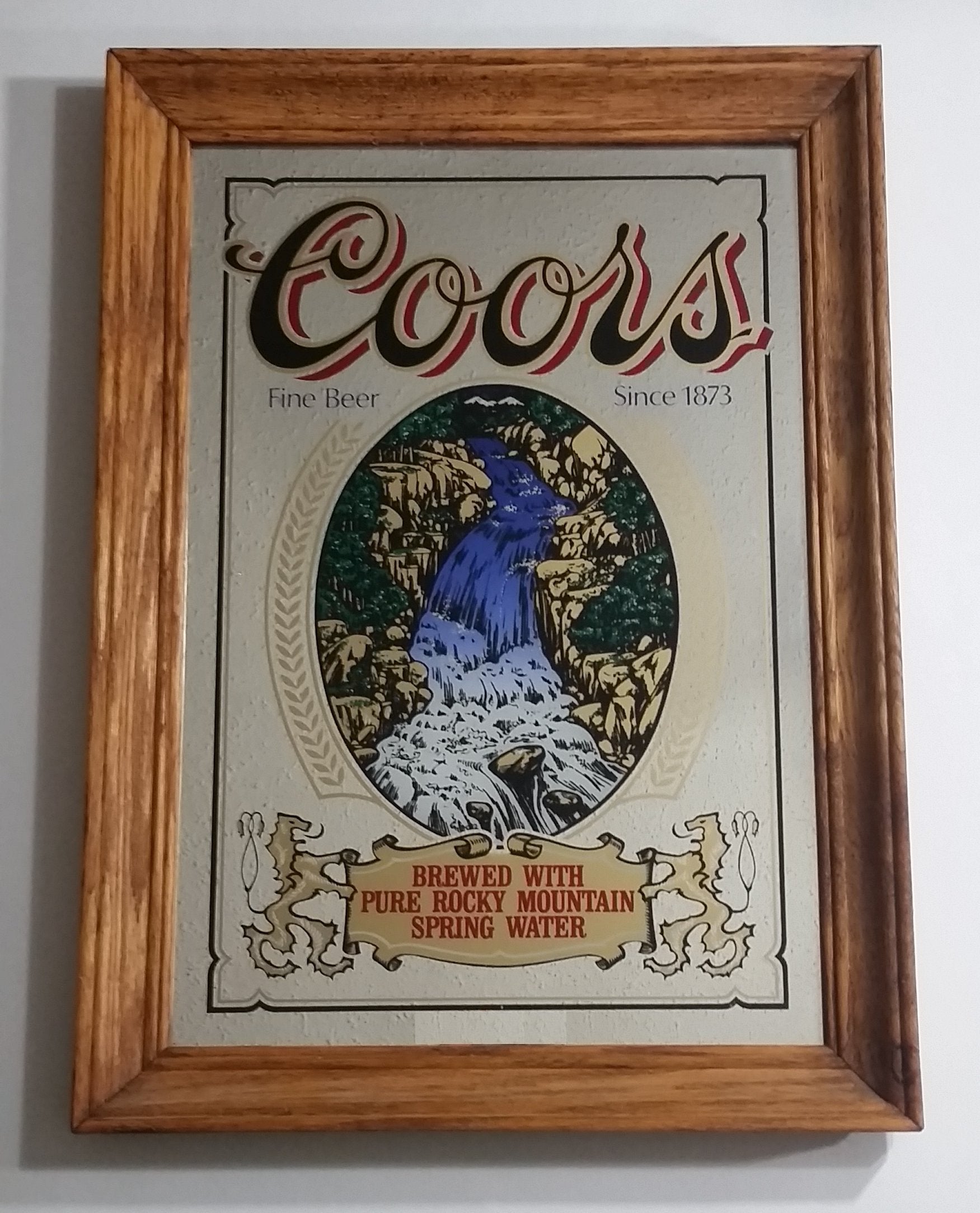 Vintage Coors Fine Beer Since 1873 Brewed With Rocky Mountain Spring Water Wooden Framed Advertising Mirror 18" x 13 1/2"