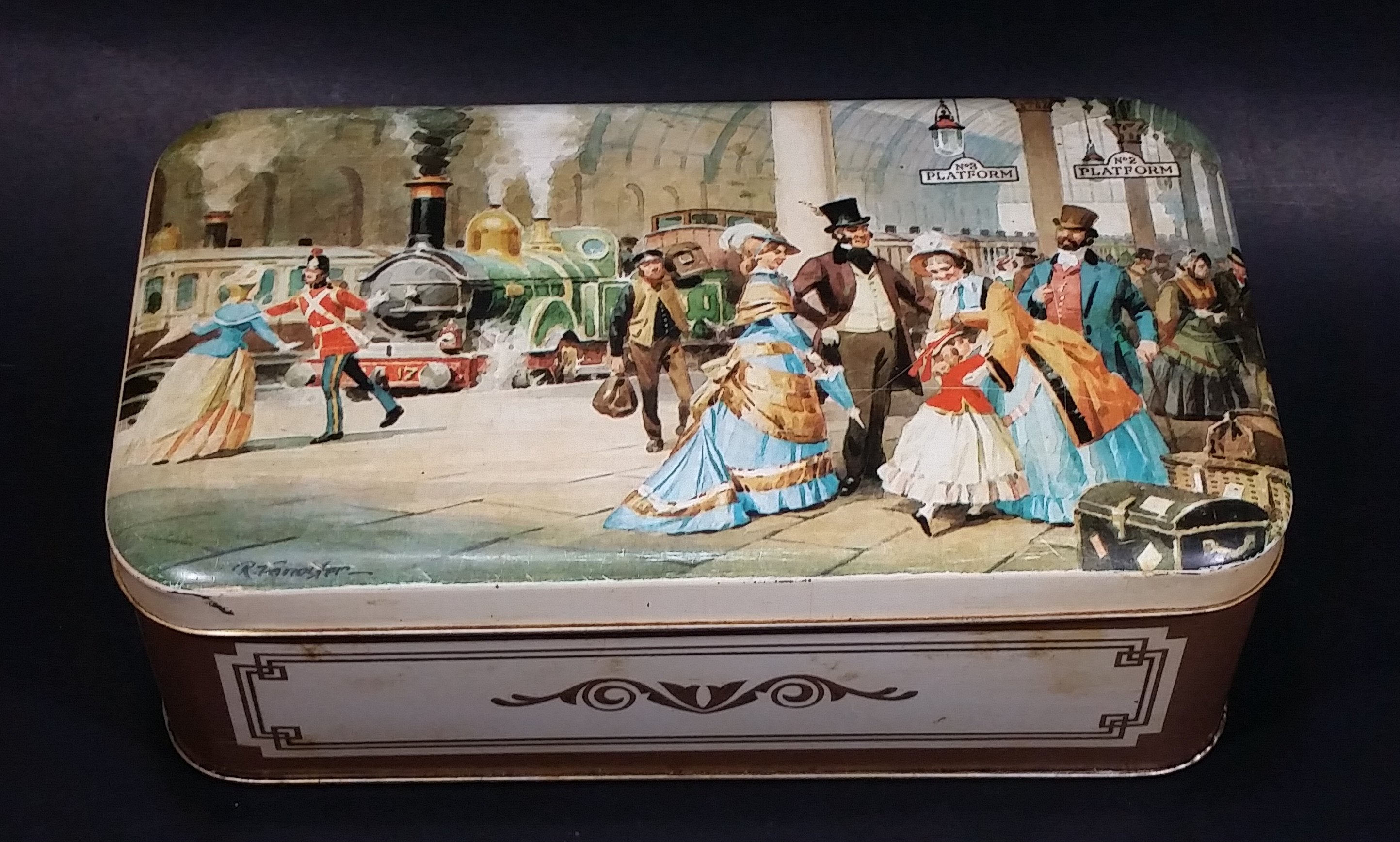 Vintage R. Forrester Painting of Railroad Railway Train Station Full of Passengers Hinged Tin Container Made in Great Britain