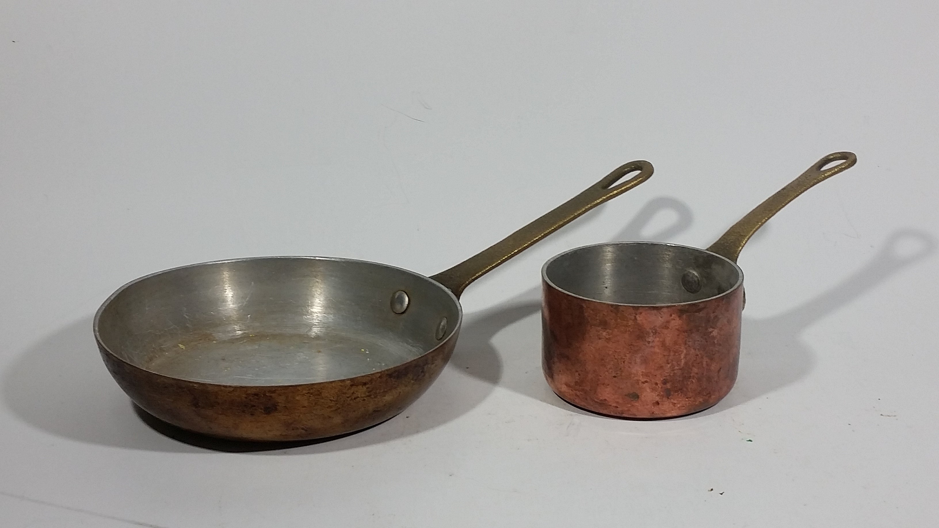 Antique Set of 2 Copper Kitchen Cookware Forged Riveted Brass Handle 5.5" Pan 3" Pot 2