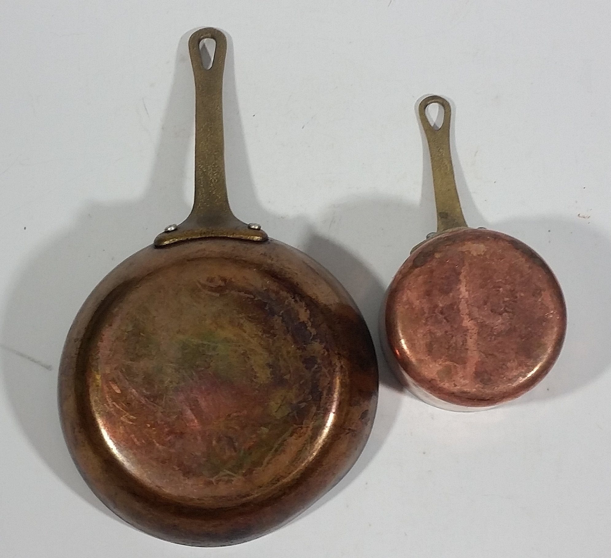 Antique Set of 2 Copper Kitchen Cookware Forged Riveted Brass Handle 5.5" Pan 3" Pot 4
