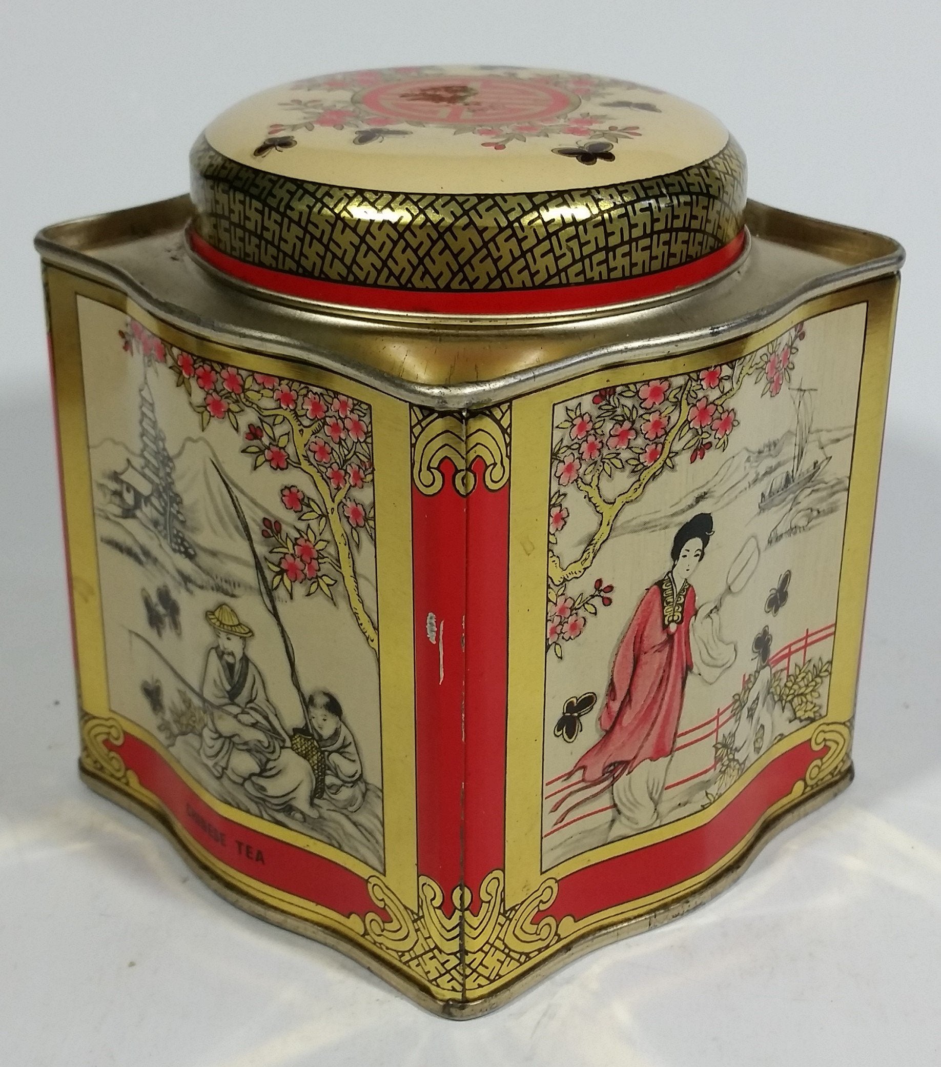 Chung Nam Tea Co. Ltd. Chinese Tea Pu Li Tea Red and Gold Scenic Butterfly Metal Tin Container 9