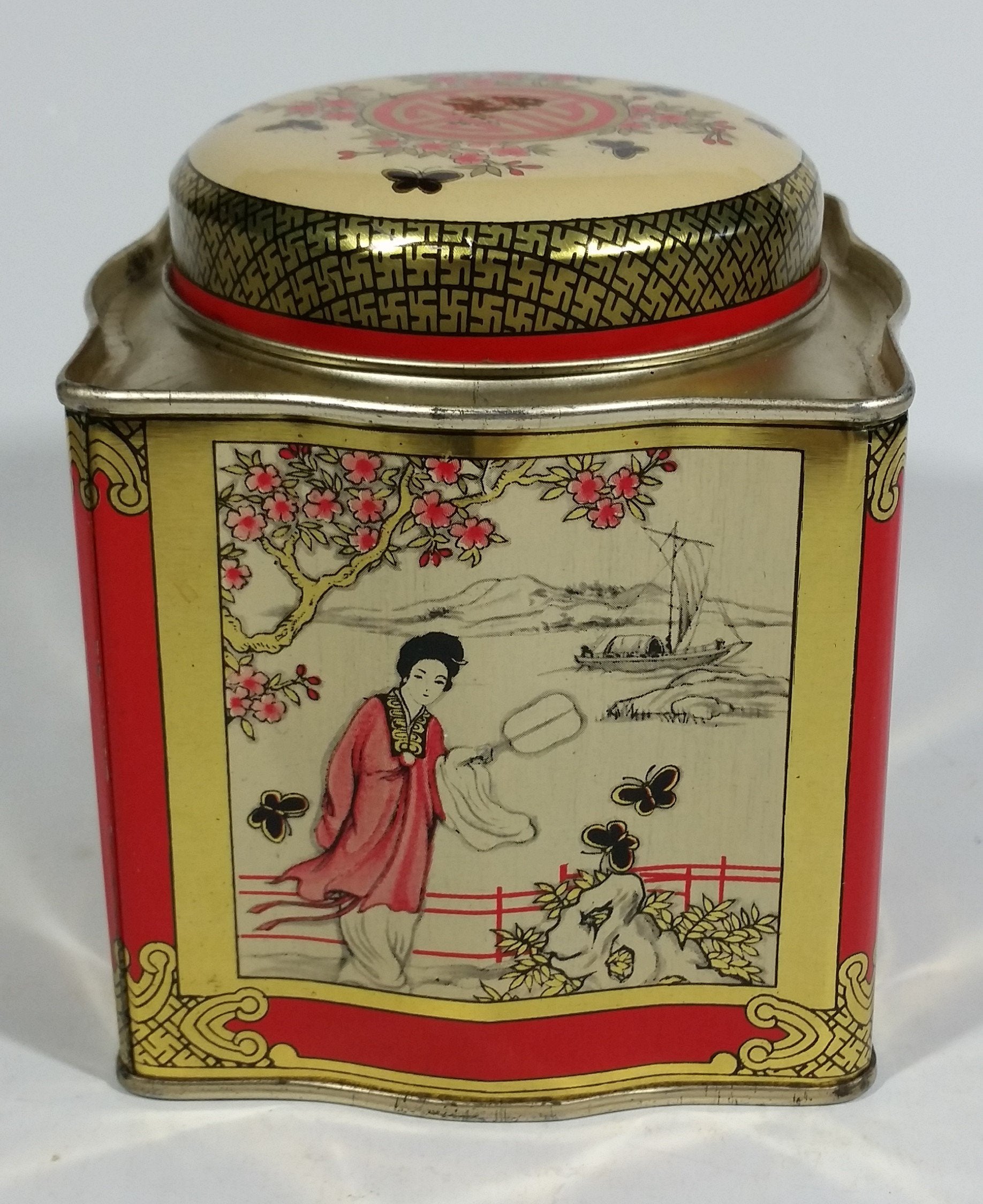 Chung Nam Tea Co. Ltd. Chinese Tea Pu Li Tea Red and Gold Scenic Butterfly Metal Tin Container 10