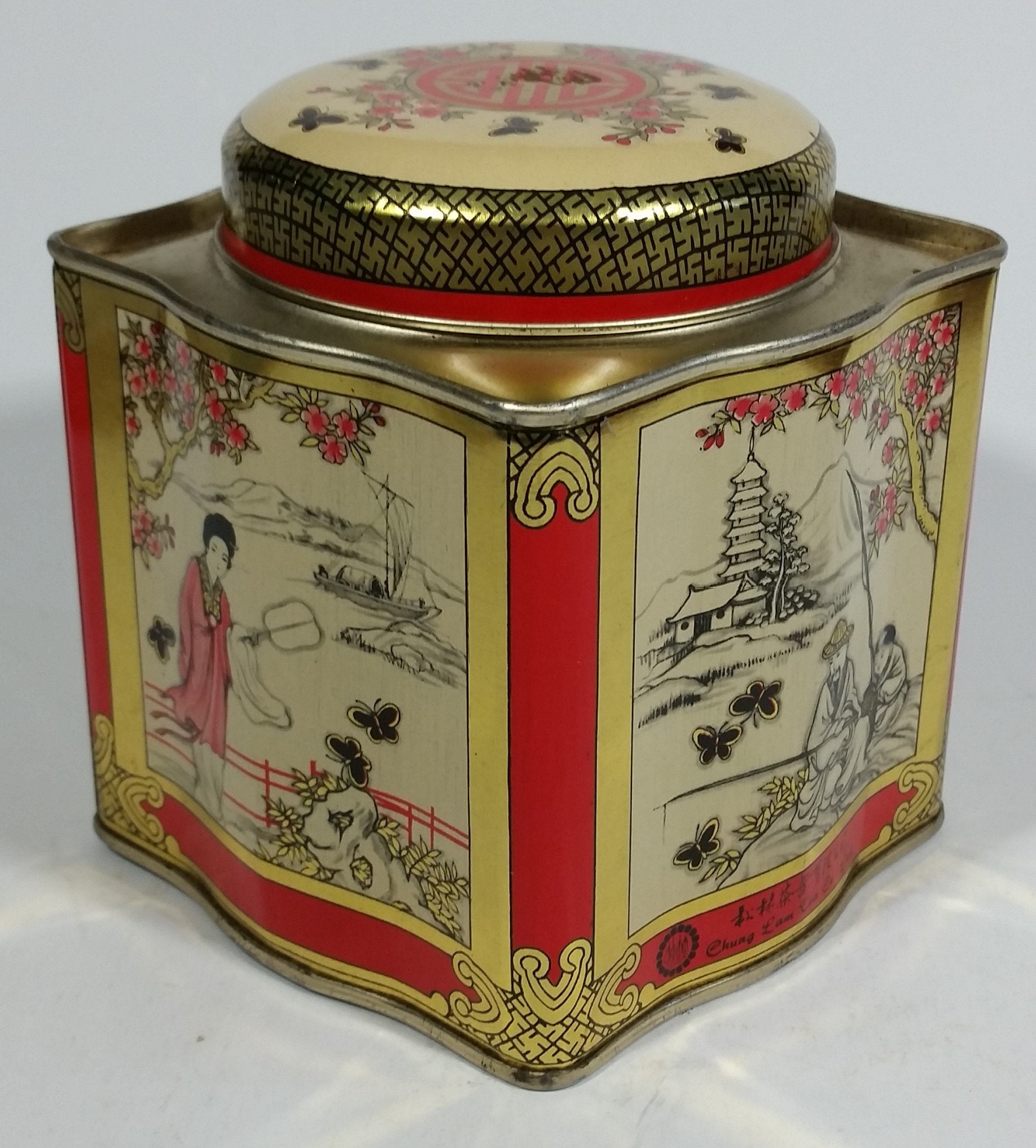 Chung Nam Tea Co. Ltd. Chinese Tea Pu Li Tea Red and Gold Scenic Butterfly Metal Tin Container 11