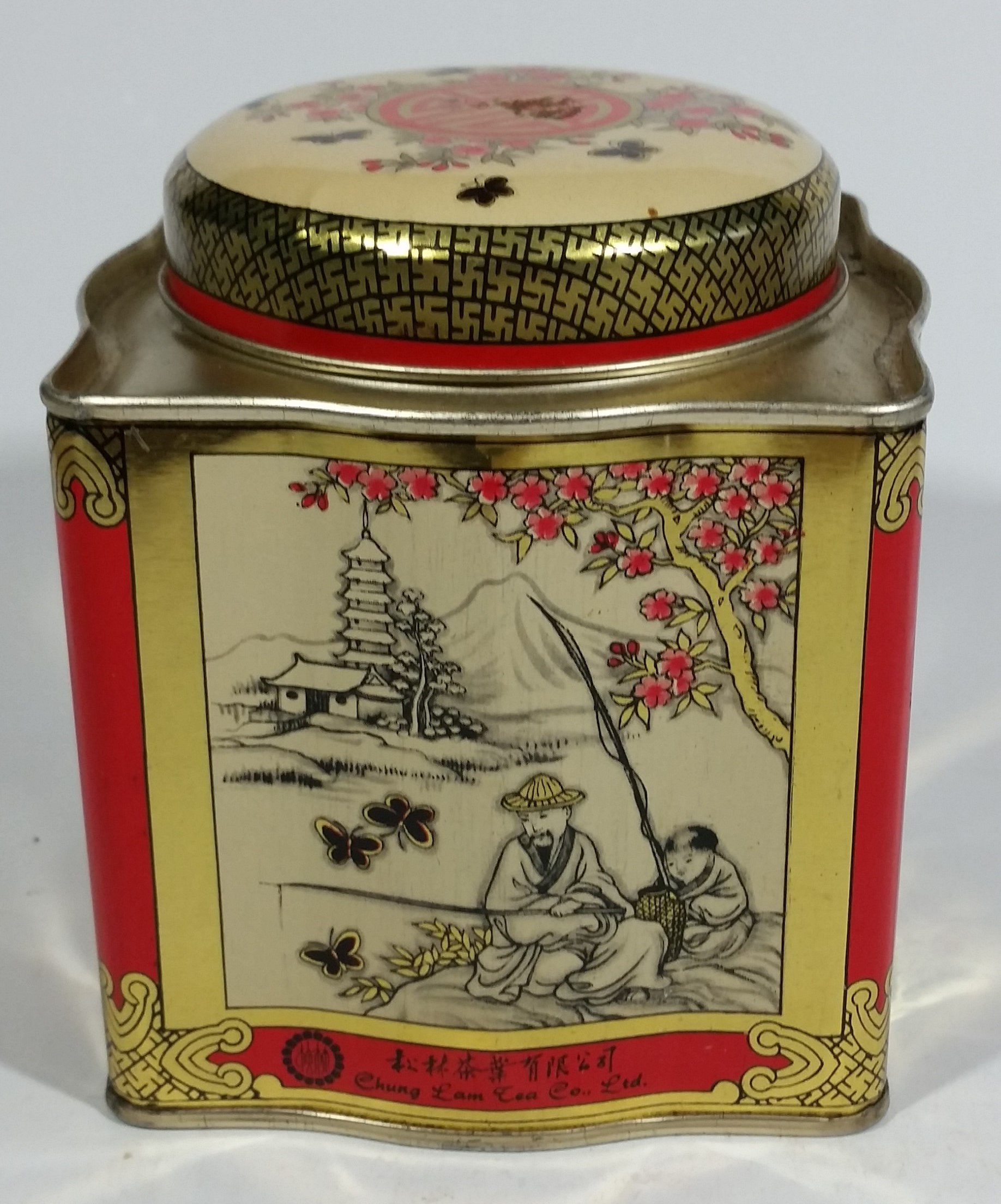 Chung Nam Tea Co. Ltd. Chinese Tea Pu Li Tea Red and Gold Scenic Butterfly Metal Tin Container