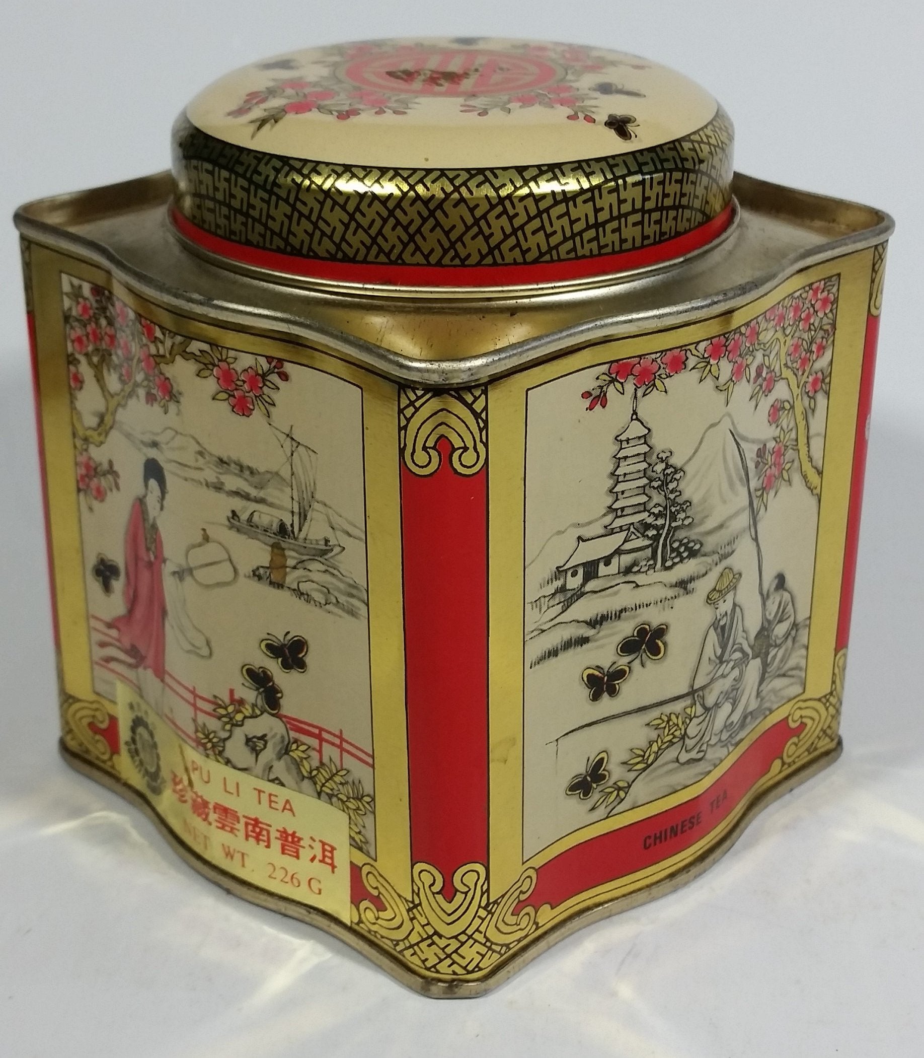 Chung Nam Tea Co. Ltd. Chinese Tea Pu Li Tea Red and Gold Scenic Butterfly Metal Tin Container 4