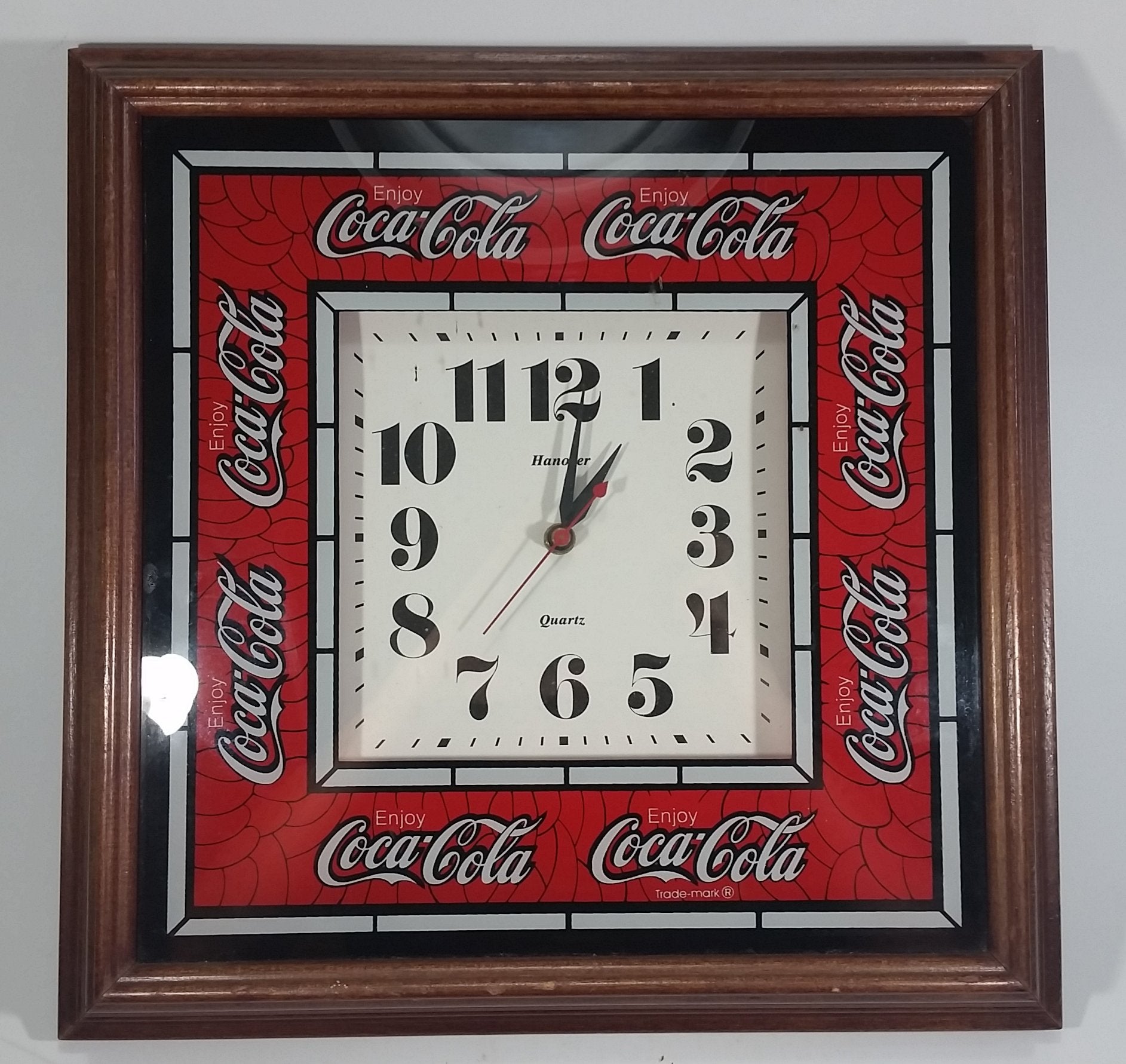 Vintage Enjoy Coca-Cola Coke Soda Pop Wooden Framed Glass Front Hannover Quartz Clock - Battery Operated