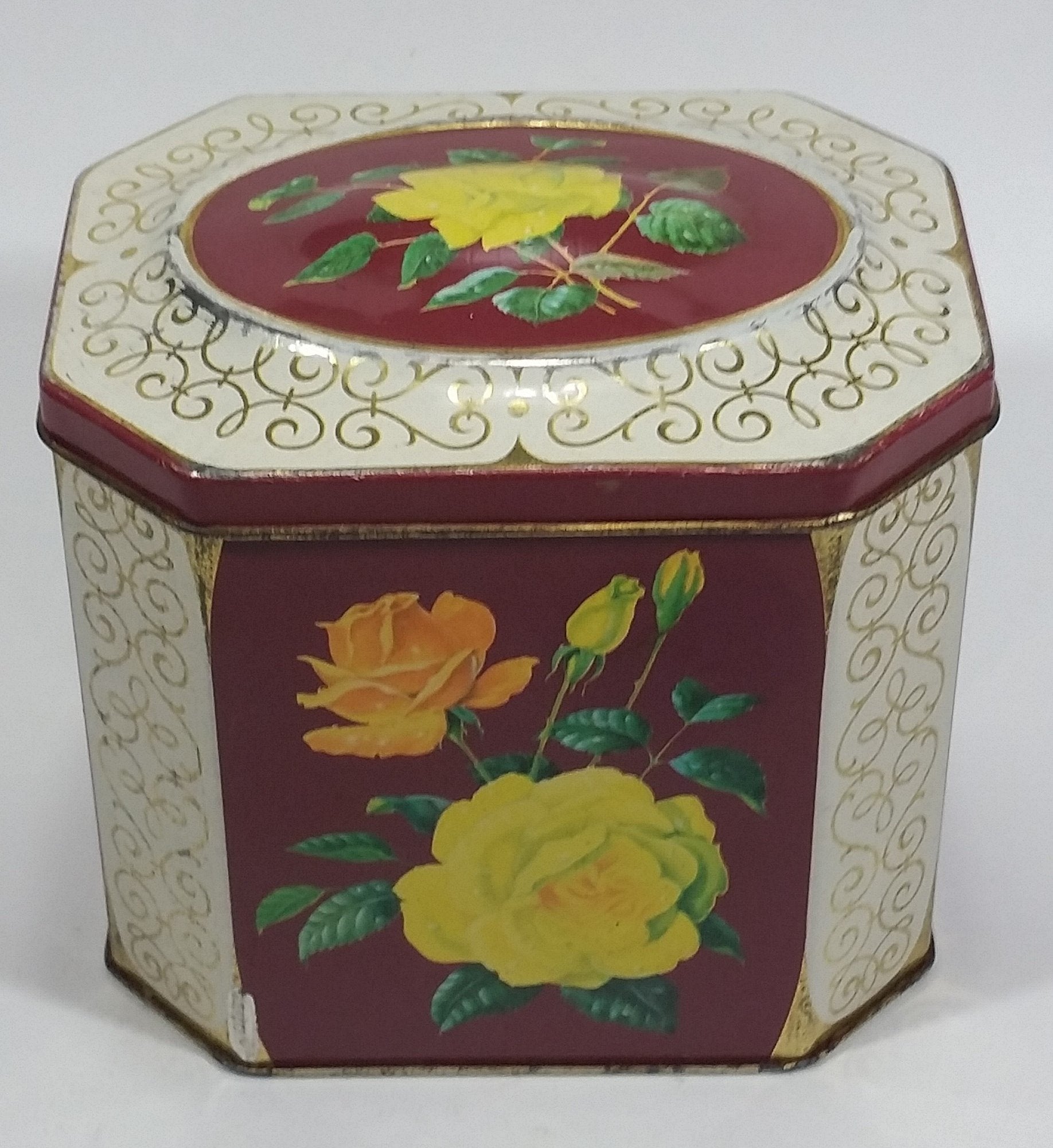 Vintage Mid-Century Riley's Variety Toffee Yellow and Orange Floral Red Burgundy with Gold Motif on Cream White Hinged Metal Tin Container