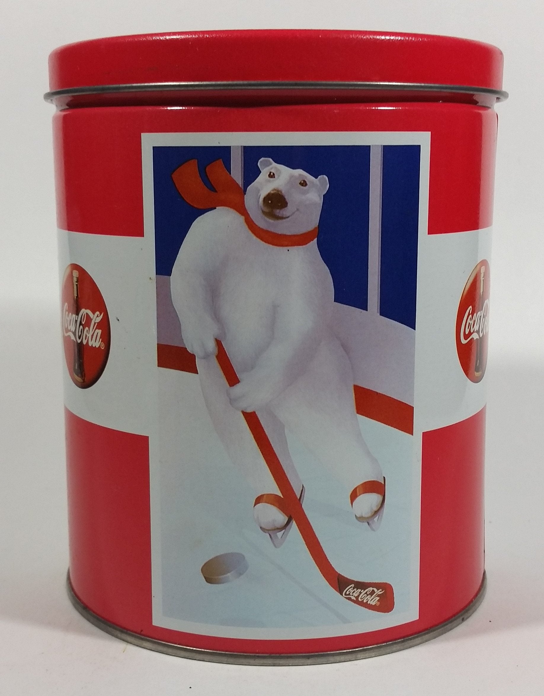 Coca-Cola Coke Soda Pop Drink Beverage Polar Bear Red and White Round Tin Metal Canister Collectible