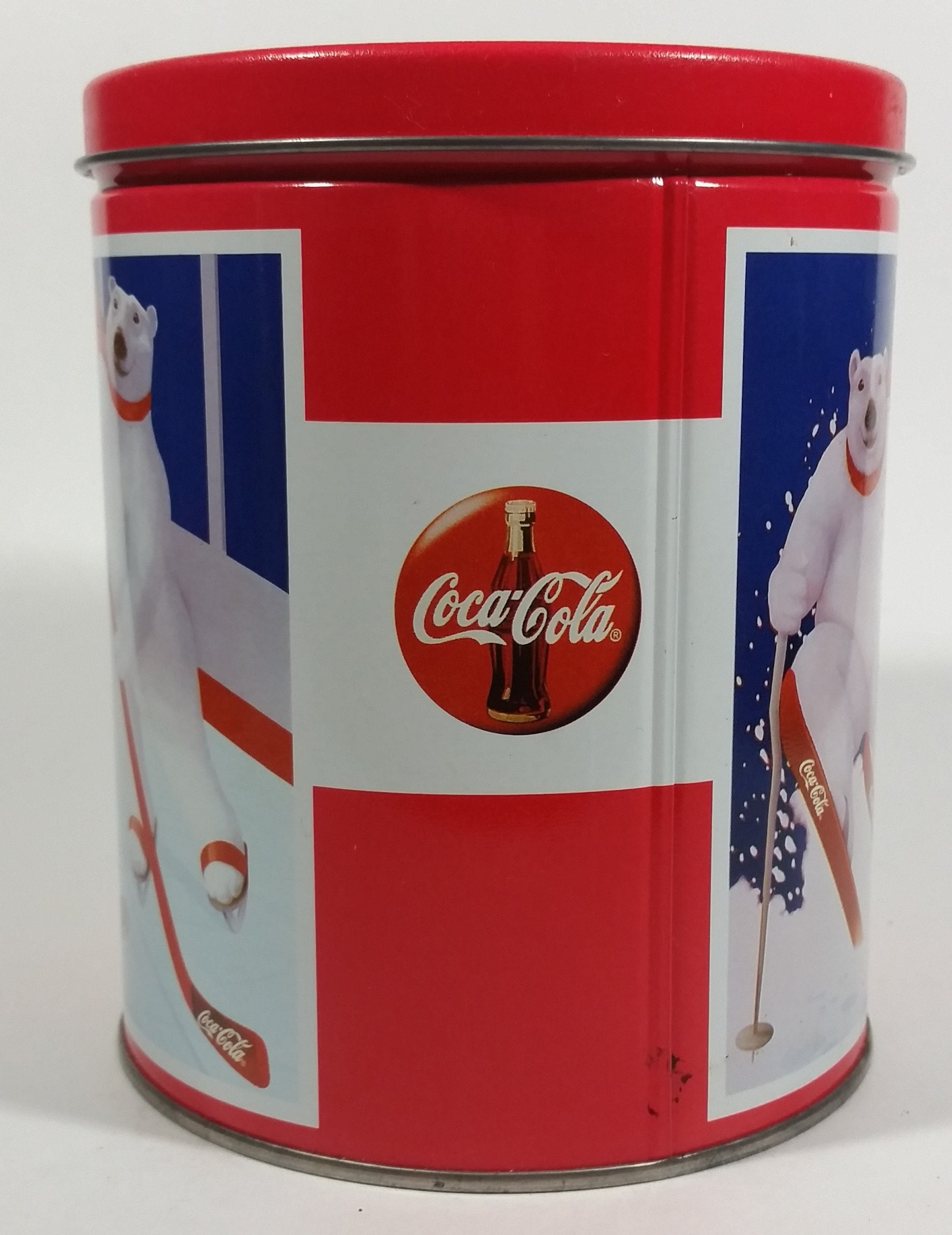 Coca-Cola Coke Soda Pop Drink Beverage Polar Bear Red and White Round Tin Metal Canister Collectible 2