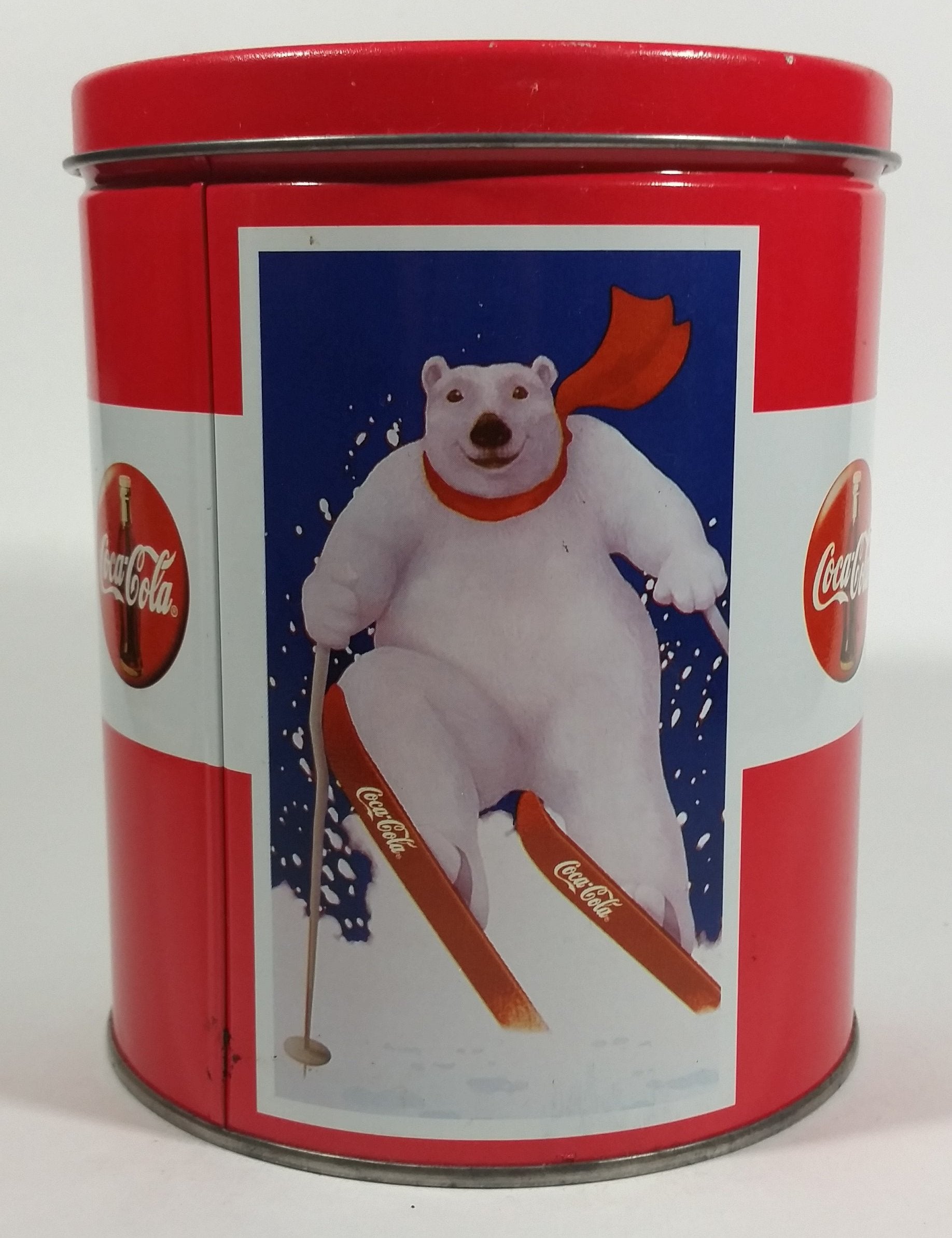 Coca-Cola Coke Soda Pop Drink Beverage Polar Bear Red and White Round Tin Metal Canister Collectible 3