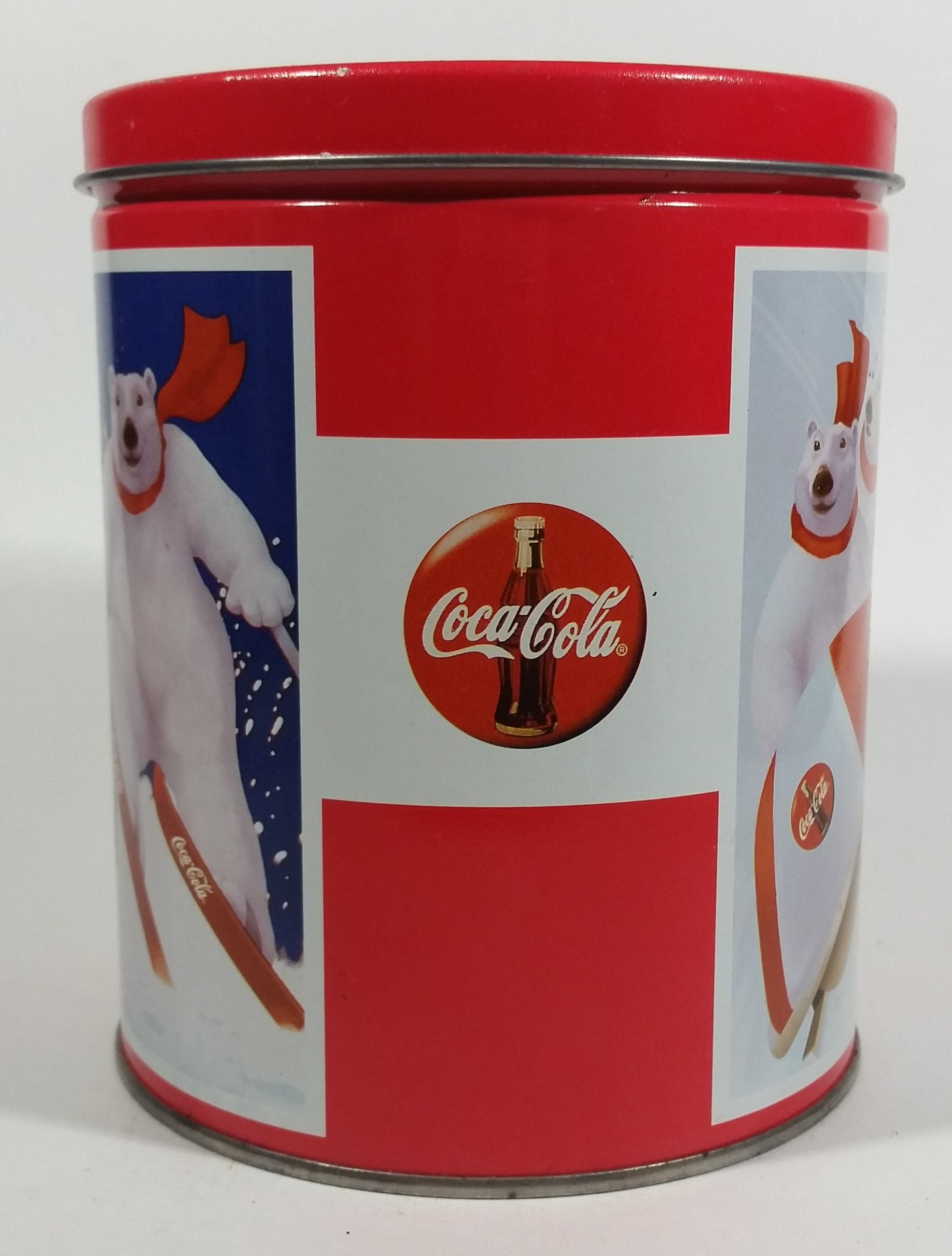 Coca-Cola Coke Soda Pop Drink Beverage Polar Bear Red and White Round Tin Metal Canister Collectible 4