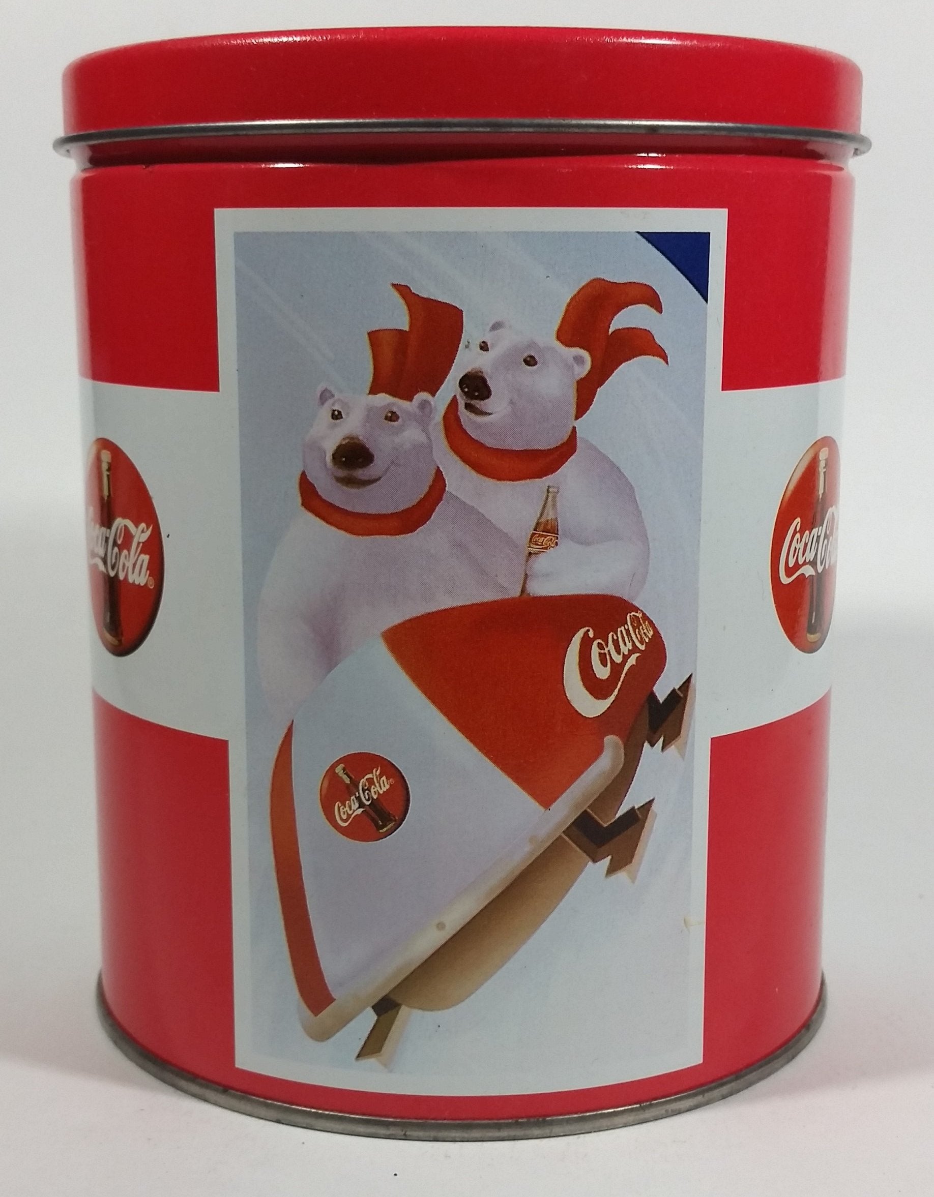 Coca-Cola Coke Soda Pop Drink Beverage Polar Bear Red and White Round Tin Metal Canister Collectible 5
