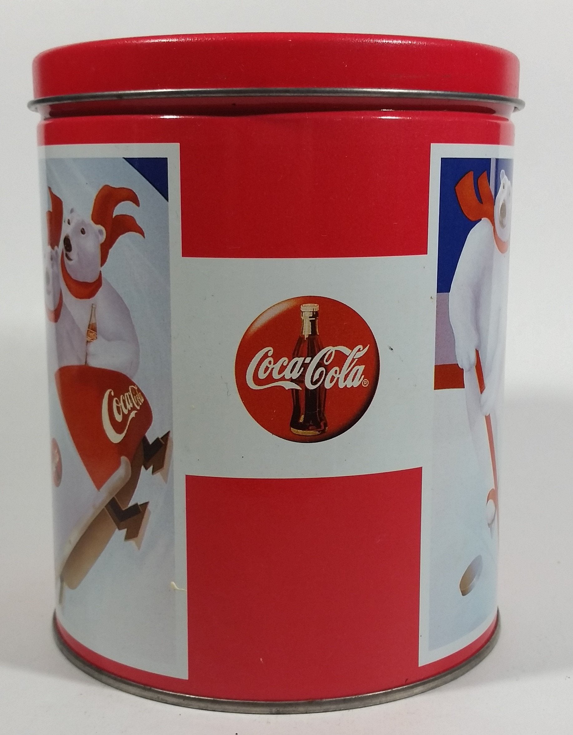 Coca-Cola Coke Soda Pop Drink Beverage Polar Bear Red and White Round Tin Metal Canister Collectible 6