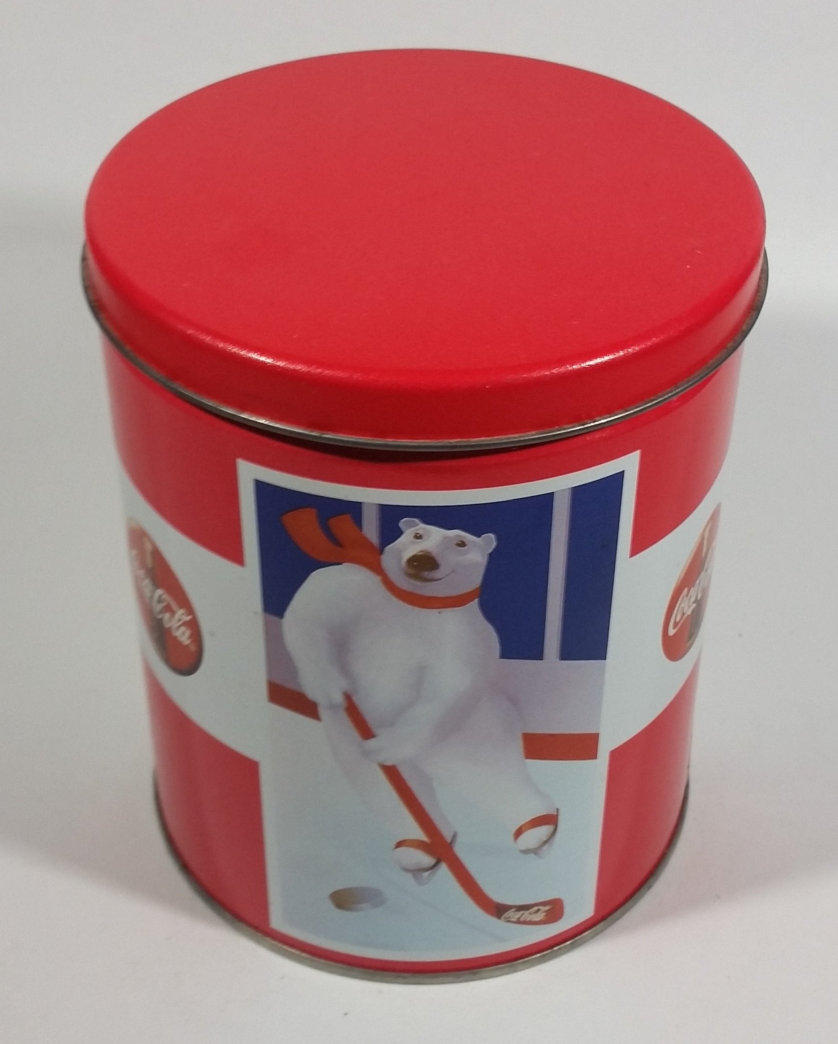 Coca-Cola Coke Soda Pop Drink Beverage Polar Bear Red and White Round Tin Metal Canister Collectible 7