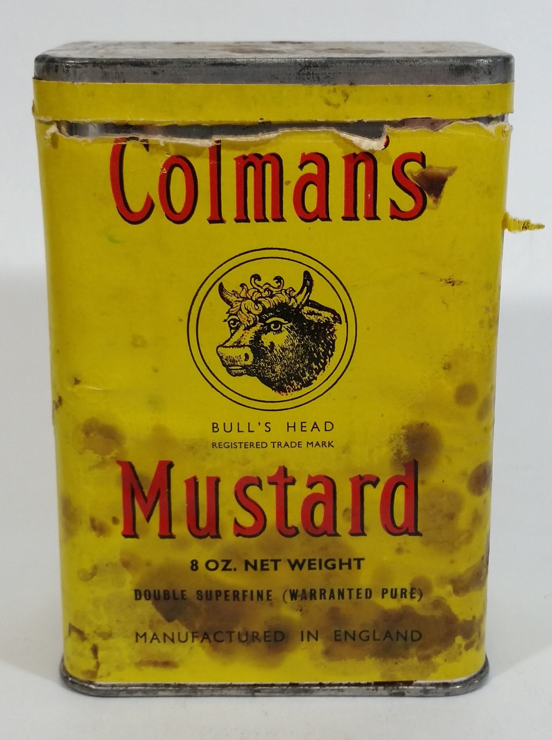 Vintage Colman's Mustard Bull's Head Yellow Tin Spice Container 8 oz Colman Foods of Norwich England