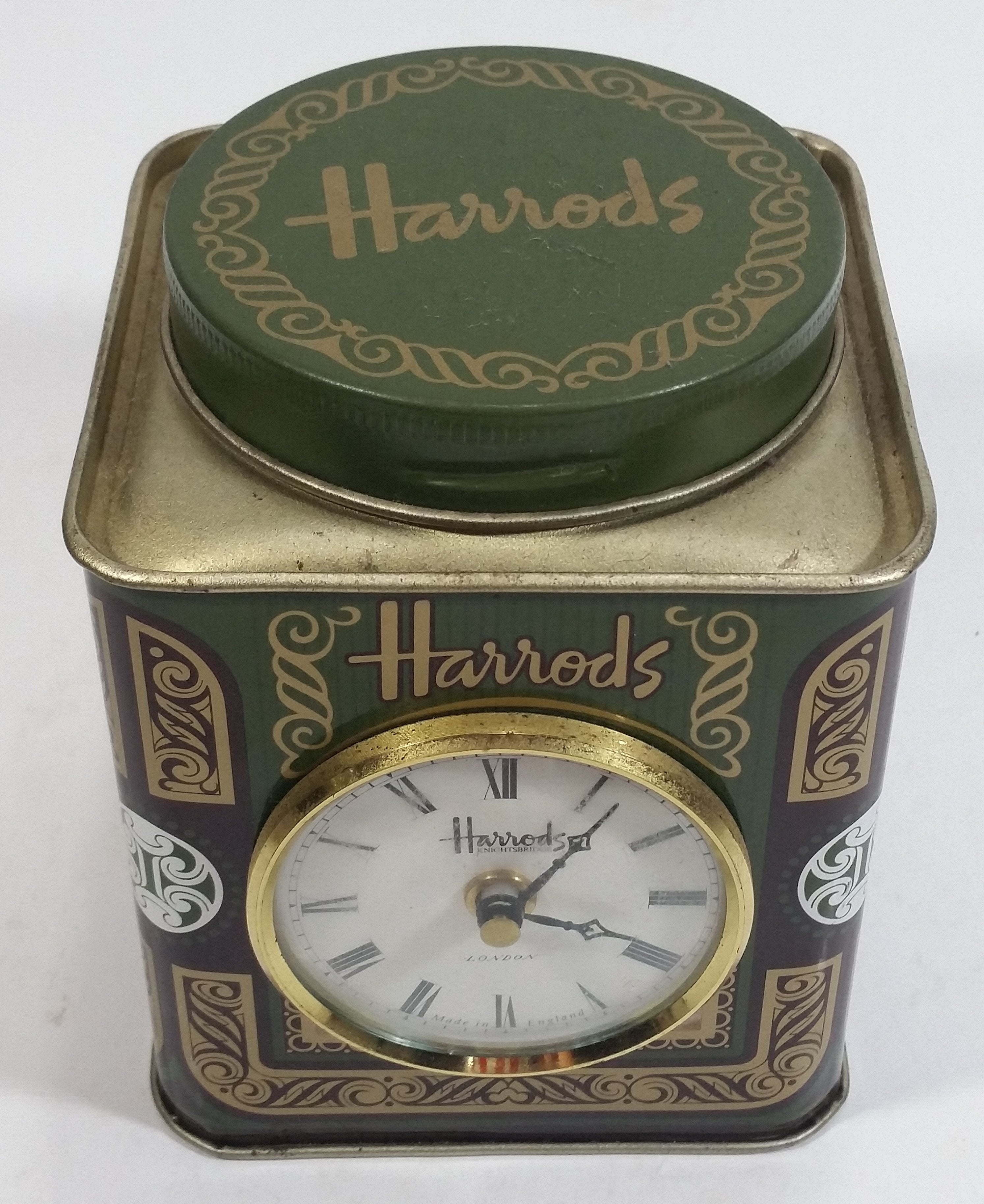 Vintage Hard to Find Harrods Green and Golden Clock in Tin Metal Container Made in Knightsbridge, London, England 2