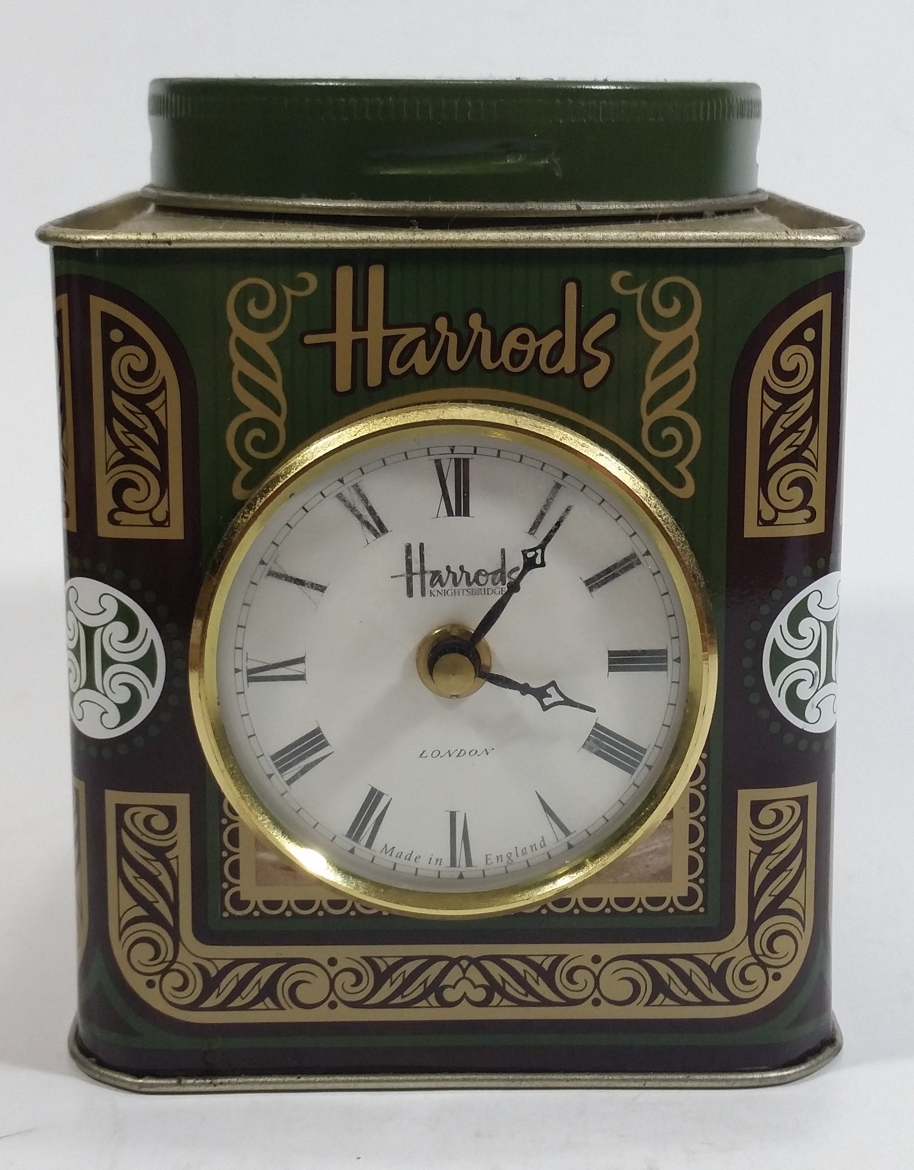 Vintage Hard to Find Harrods Green and Golden Clock in Tin Metal Container Made in Knightsbridge, London, England 3