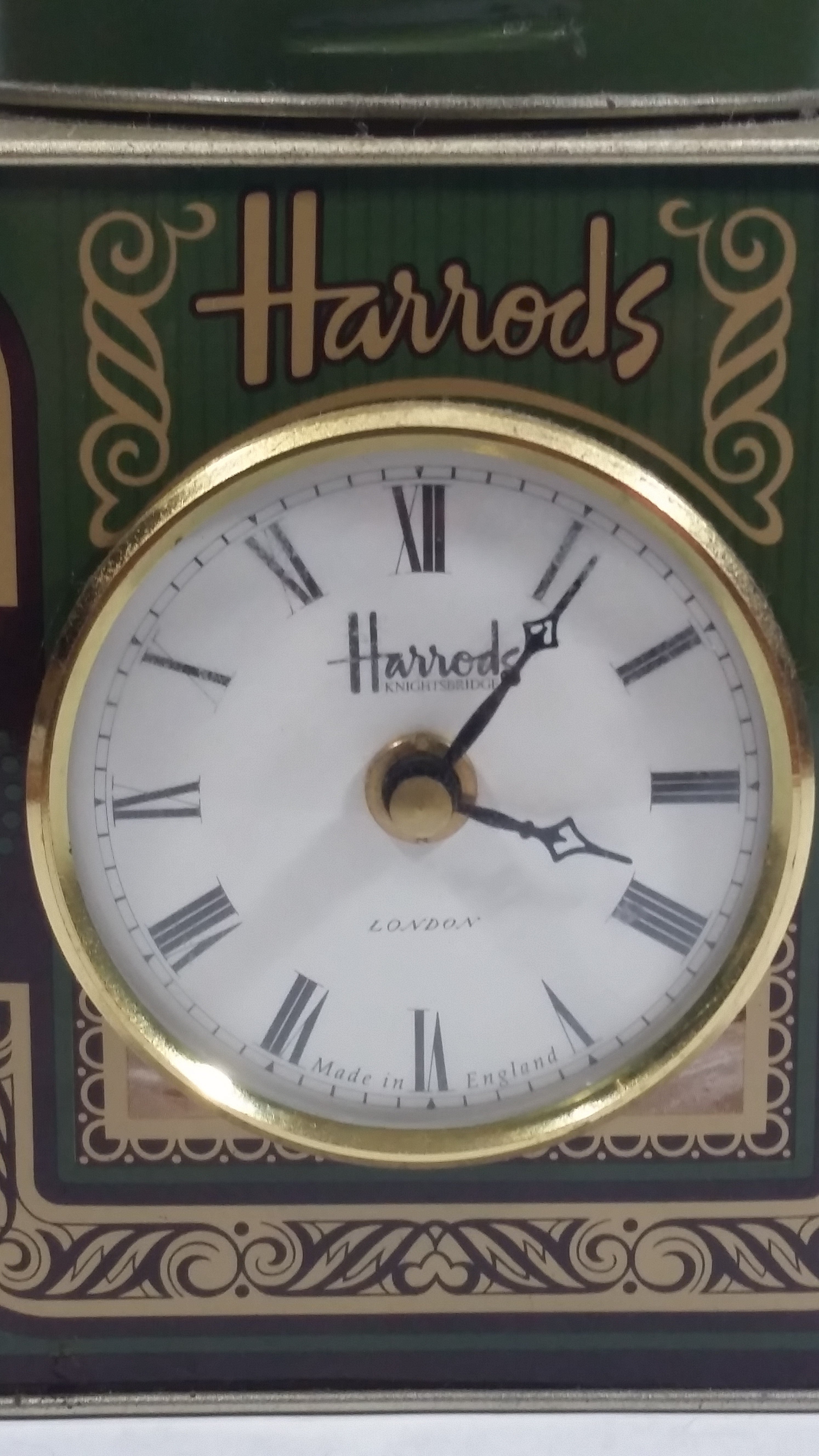 Vintage Hard to Find Harrods Green and Golden Clock in Tin Metal Container Made in Knightsbridge, London, England 4