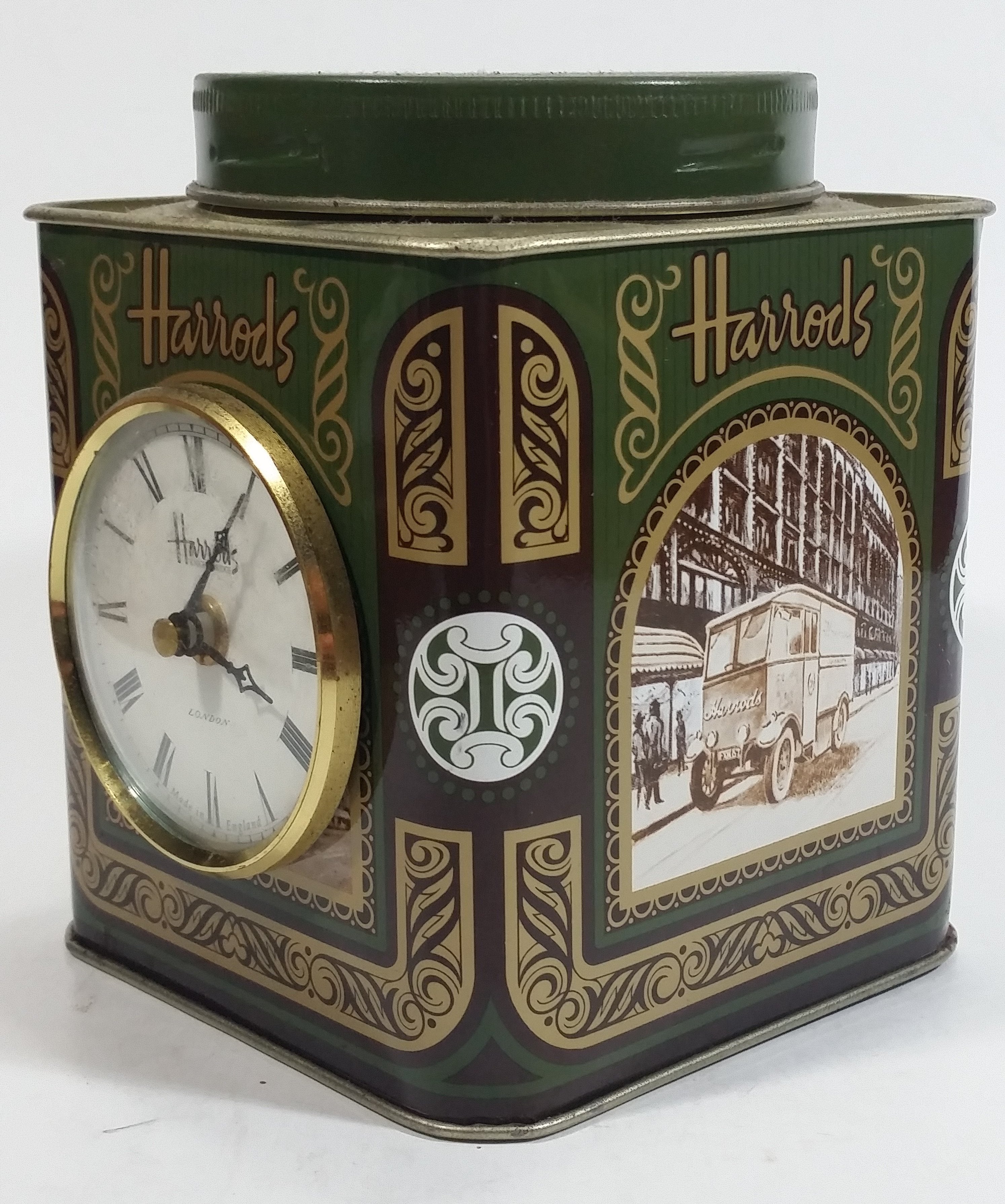 Vintage Hard to Find Harrods Green and Golden Clock in Tin Metal Container Made in Knightsbridge, London, England 5